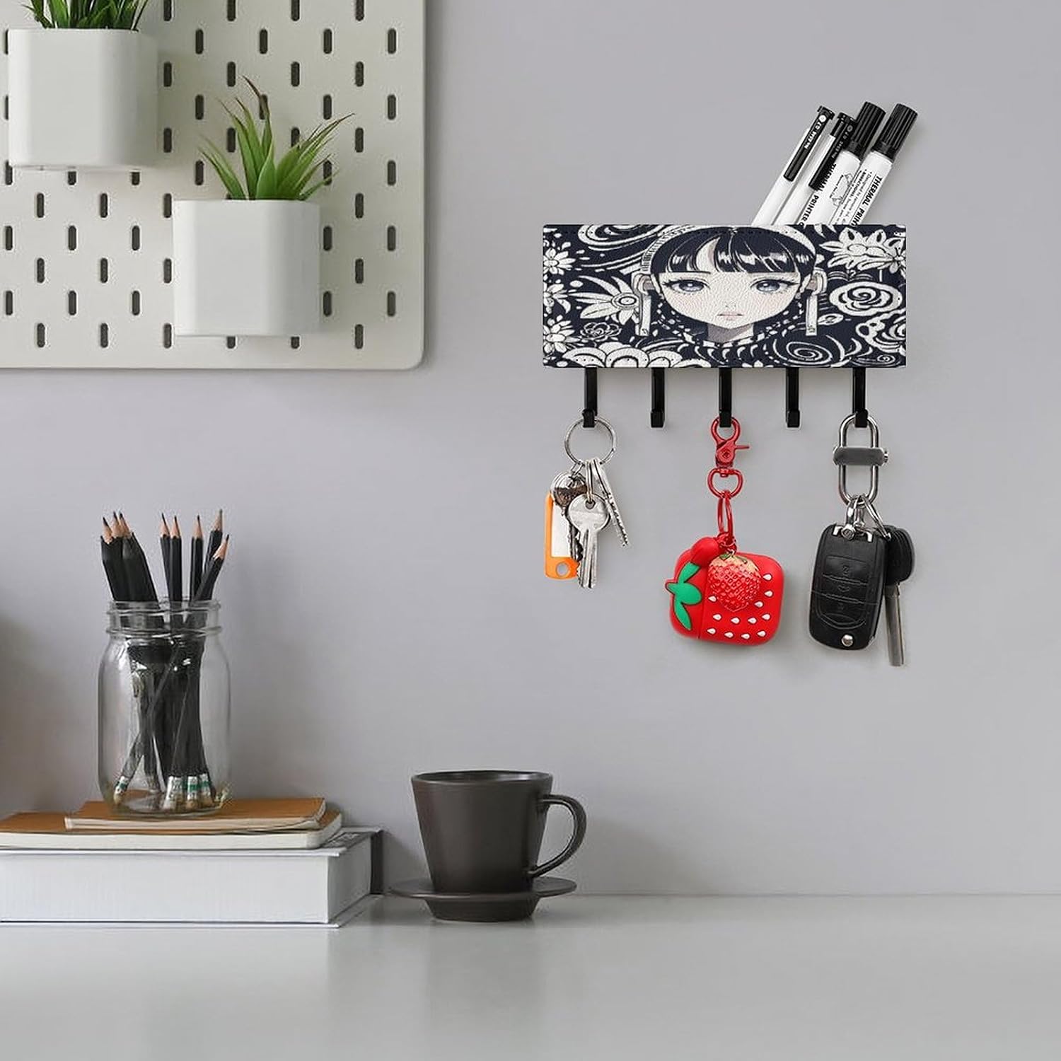 Key Holder Wall Mount Key Hanger with 5 Hooks, Decorative Key Rack | Ink Style Pattern Hanging Key Hooks with Mail Organizer for Wall Living Room Kitchen Bathroom Hallway