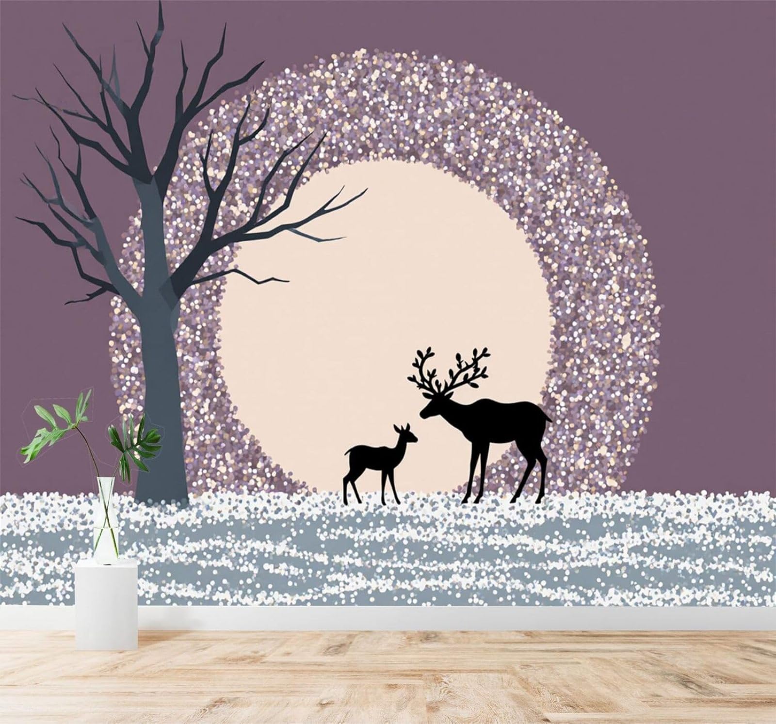 Xlming 350Cm×256Cm(B×H) Deer Tree Silhouettes Shining Moon Snowy Landscape Purple 3D Wallpaper Premium Textured Silk Study Dining Living Room Bedroom Sofa Tv Wall Easy Install-350Cm×256Cm