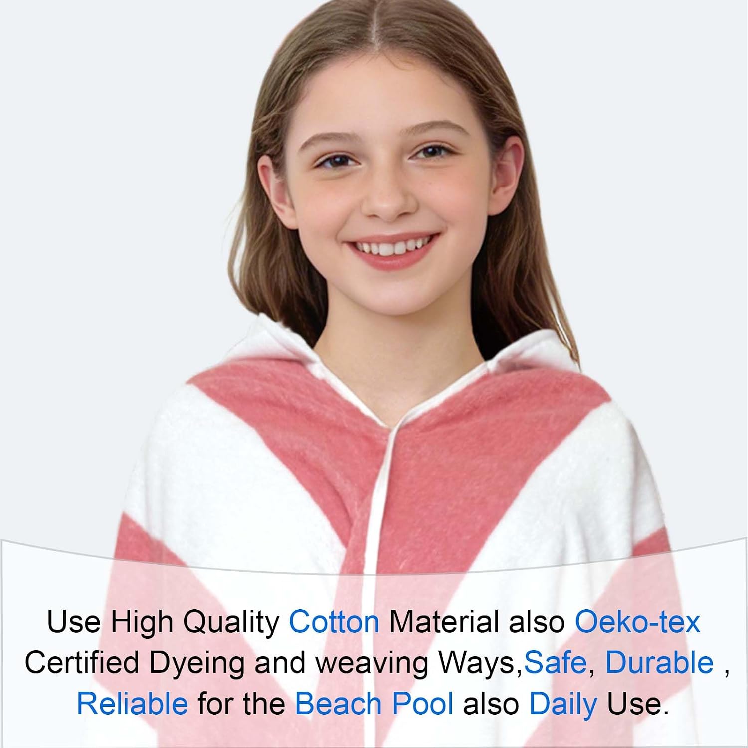  Big Kids Hooded Bath Wrap, 8+, 100% Cotton,Pink White Stripe | Gentle Stripe Design, Soft, Absorbent  Quick Dry, Great for Bath, Pool and Swimming thumbnail