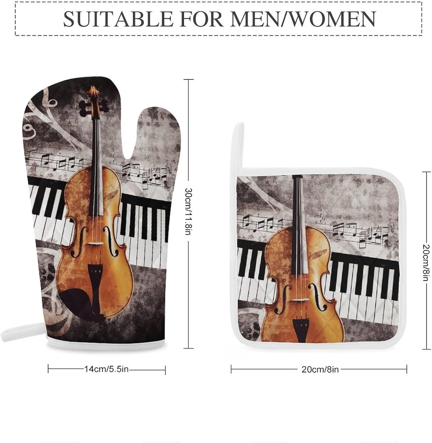 Oven Mitts and Pot Holders Sets of 4 Heat Resistant Non-Slip Oven Gloves and Potholder Piano Violin Music Notes Oven Mitts Waterproof Cooking Hot Pads for Kitchen Baking Grilling BBQ image 2