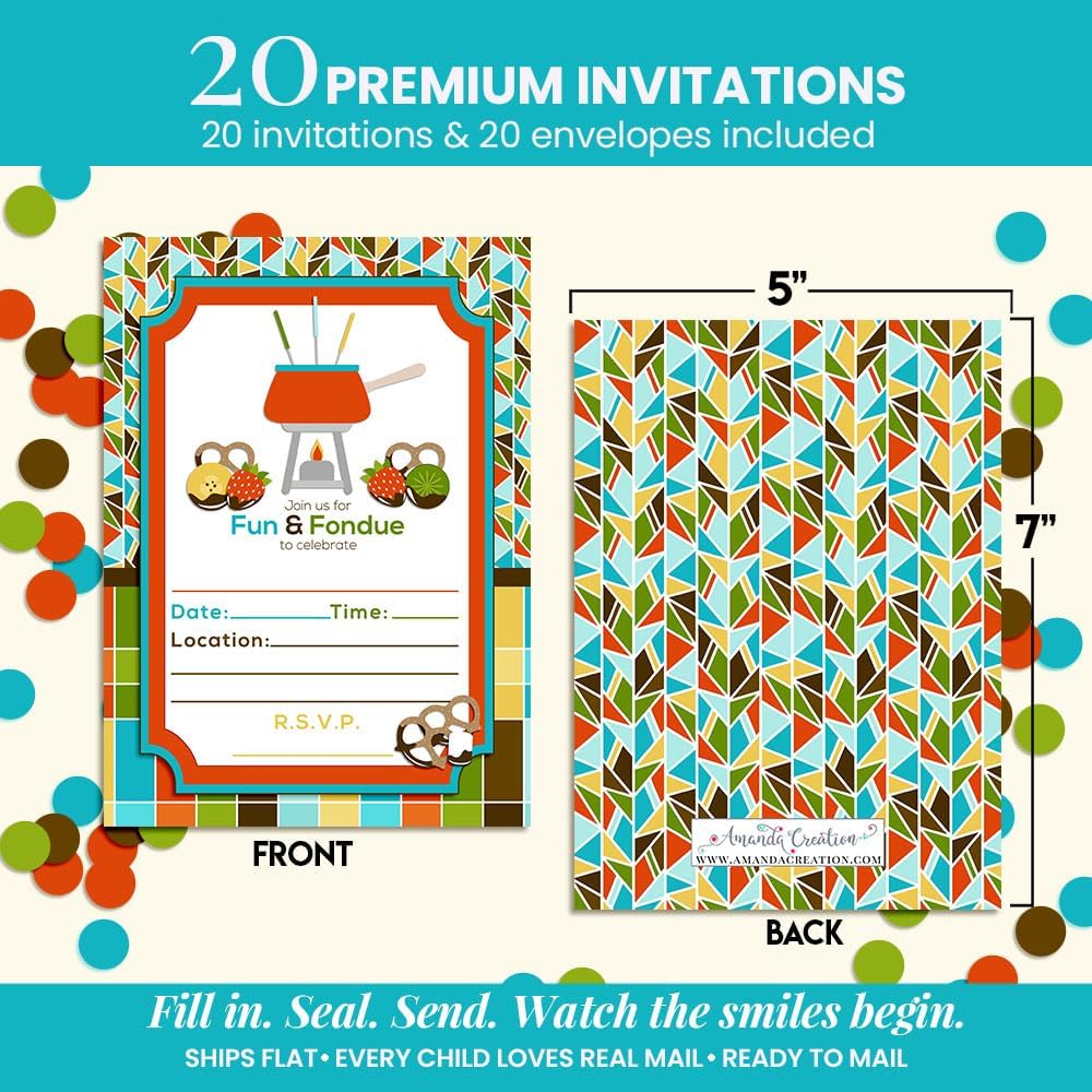 Fun Fondue Party Invitations, 20 5x7 Fill In Cards with Twenty White Envelopes by AmandaCreation
