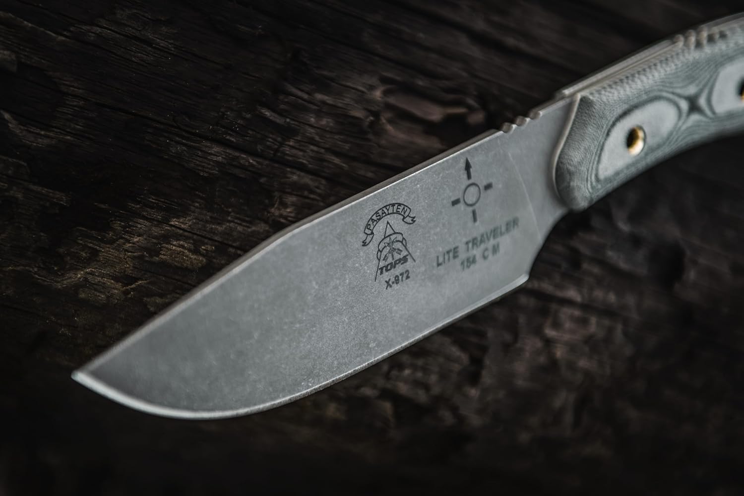 Tops Knives Pasayten Lite Traveller Full Tang Fixed Blade- Tumble Finish- Black Kydex Sheath w/Rotating Spring Steel (Black Linen Micarta)