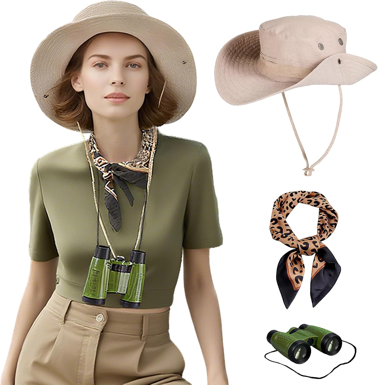 3 Pcs Women Safari Explorer Costume Beige Sun Hat with Leopard Print Scarf and Green Binoculars for Halloween Parties, Any Outdoor Adventure Costume Event