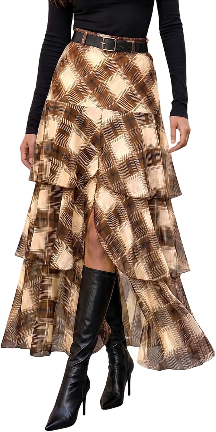 Wenrine Womens Mesh Maxi Skirt Polka Dot Front Split Tiered Plaid Skirts