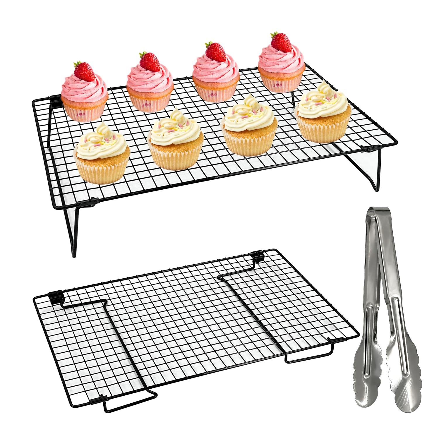2-Pack 43x28cm Cooling Rack with Collapsible Legs & Stainless Steel Food Tongs - Folding Cooking Baking Grilling Rack for Oven, Drying, Roasting (Black)