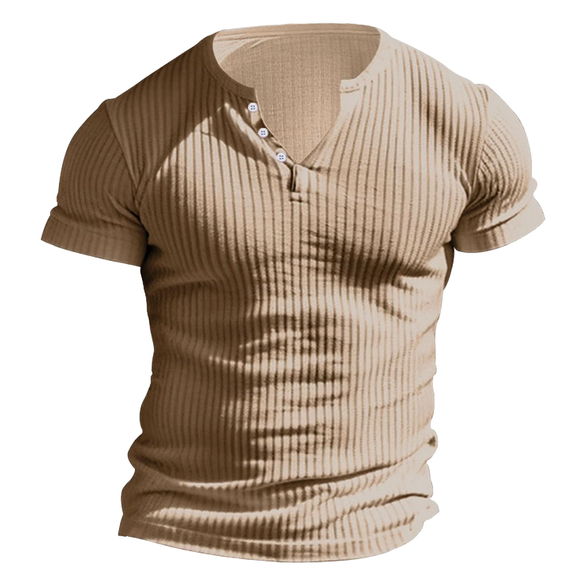 Men 3- Button Casual Knitted T-Shirt Slim Outdoor Leisure Knit Pullover Tops Summer Classic Solid Thin Polo Shirts (Khaki,Medium)