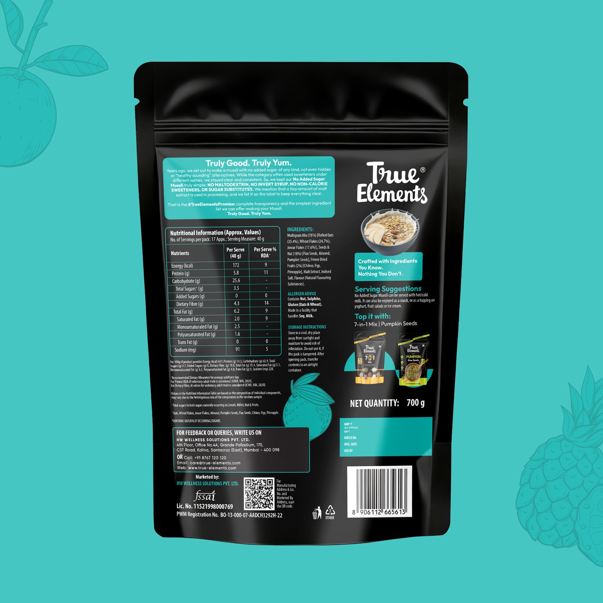 True Elements Musli bez dodatku cukru 700 g - 14 g czyste białko, bez cukru, dietetyczna żywność odchudzająca, płatki śniadaniowe z kaszą jaglaną