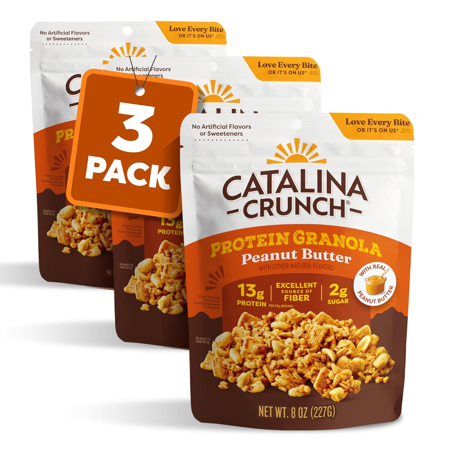 Catalina Crunch Protein Granola - Low Sugar Breakfast Cereal with 13g of Protein - Gluten Free, Keto Friendly - Peanut Butter - 8 oz. Bag (Pack of 3)