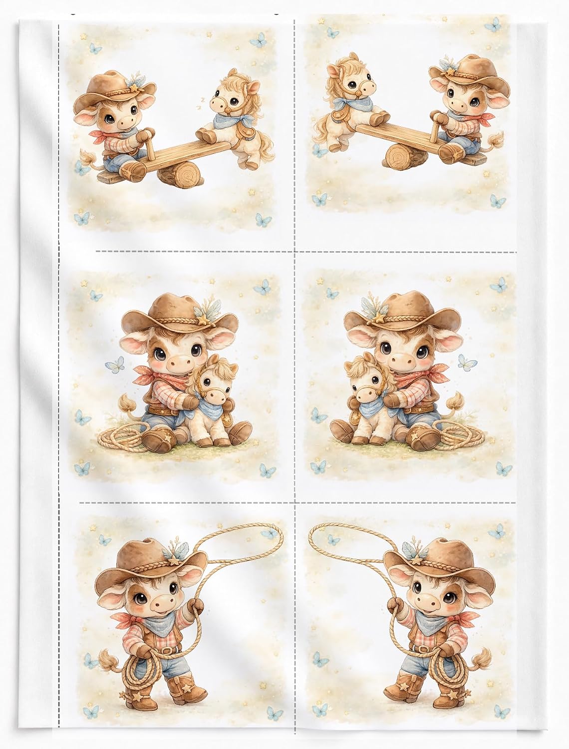 Little Cowboy Fabric Panel Set of 6, 12x12 in Quilt Blocks, Baby Boy Nursery, Western Design, 100% Cotton Fabric for Quilting and Sewing