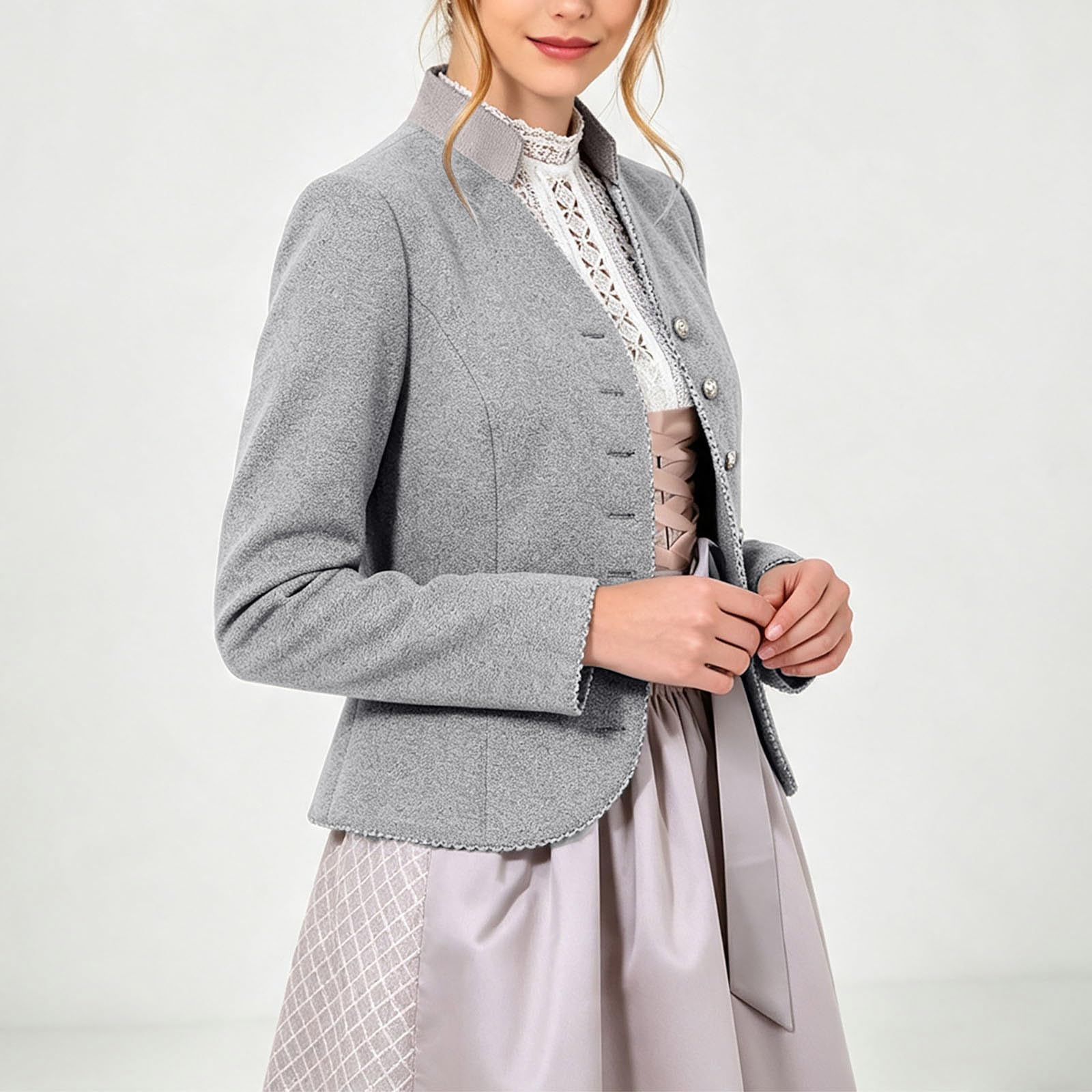 Trachtenjacke Damen Kurze Wolljacke Stehkragen Dirndl Jacke Traditionelle taillierte Lodenjacke Festliche Trachtenblazer Elegante Wolle Trachtenjanker Oktoberfest Trachten Dirndljacke