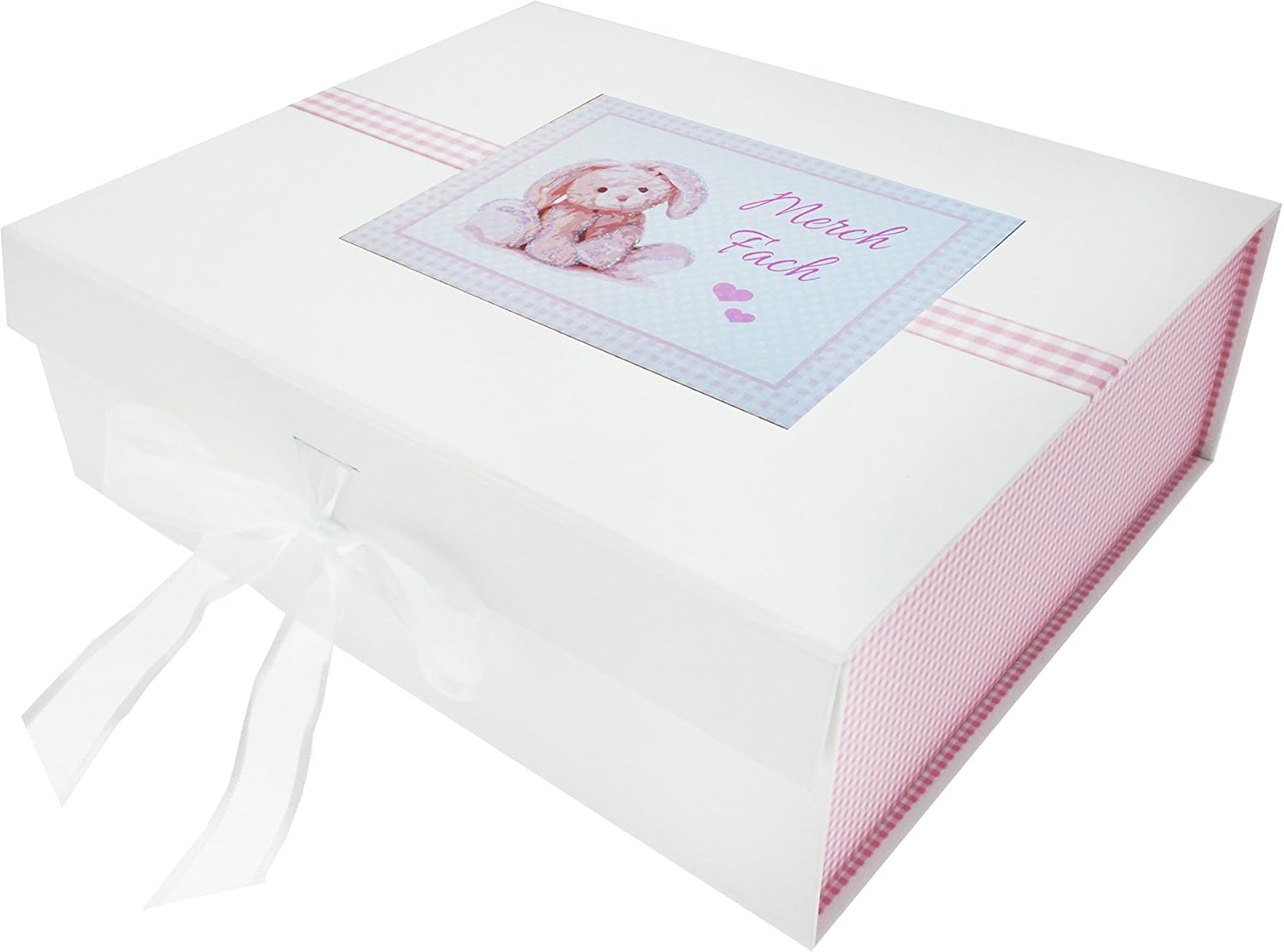 WHITE COTTON CARDS Welsh, Merch Fach, New Baby, Large Keepsake Box, Pink Bunny, Board White, 27.2 x 32 x 11 cm