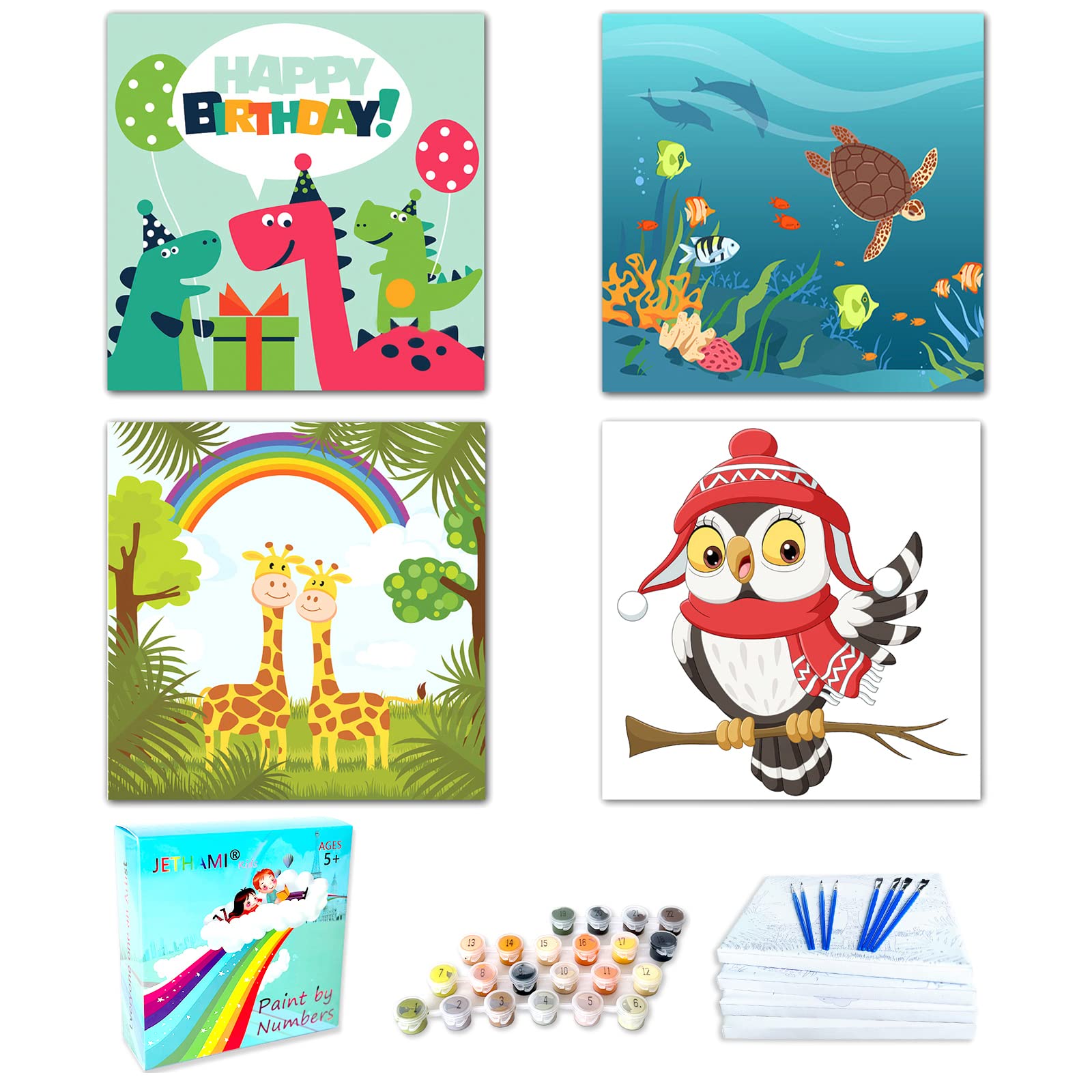 Photo 1 of 4 Pack Paint by Numbers for Kids Ages 4-8-12, Cartoon Animals Acrylic Paint Kit with Frame, Kids Paint by Number DIY Oil Painting for Girls Boys Beginner 8x8 Inch
