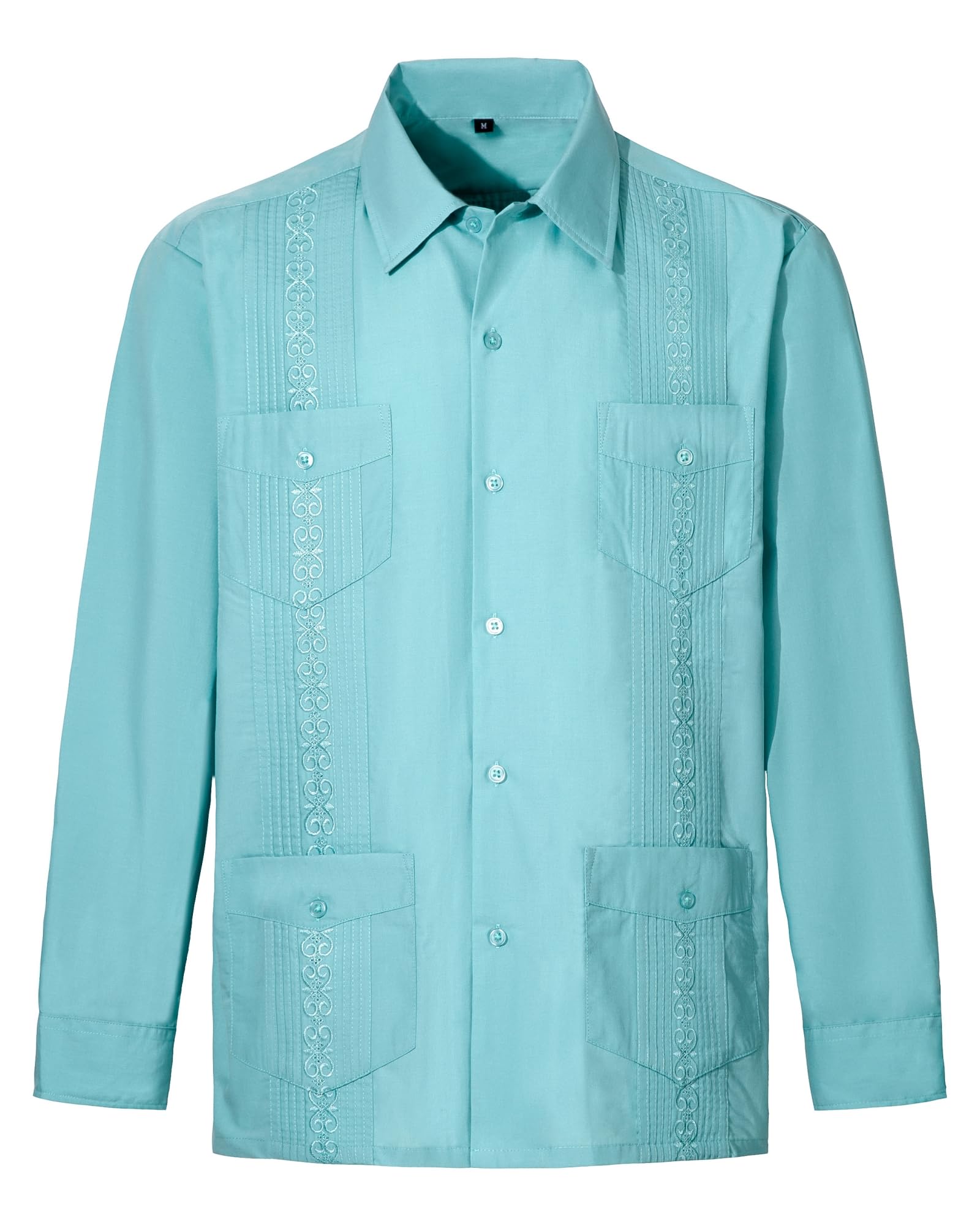 Maxjon Men's Lakeblue  Shirts Guayabera Shirts Cuban Long Sleeve Mexican Shirts For Xl