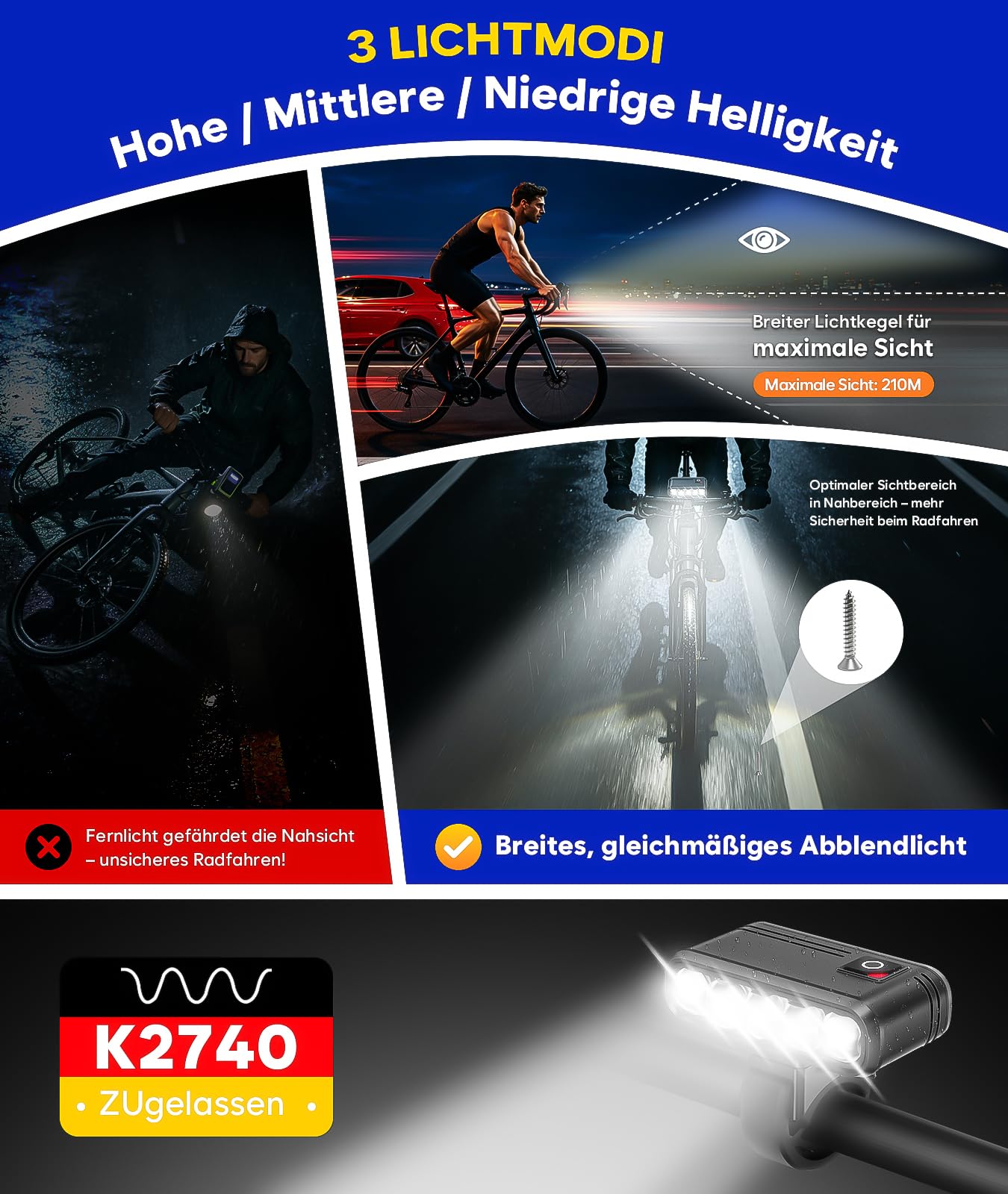 Set di luci per bicicletta con omologazione StVZO, fanale posteriore per bicicletta con funzione di luce del freno, ricaricabili tramite USB-C, impermeabilità IP65, luce anteriore e posteriore