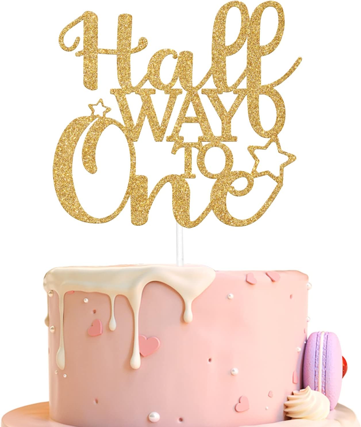 Half Way to One Cake Topper Gold Glitter, 1/2 Birthday Decorations, Boy Girl 6