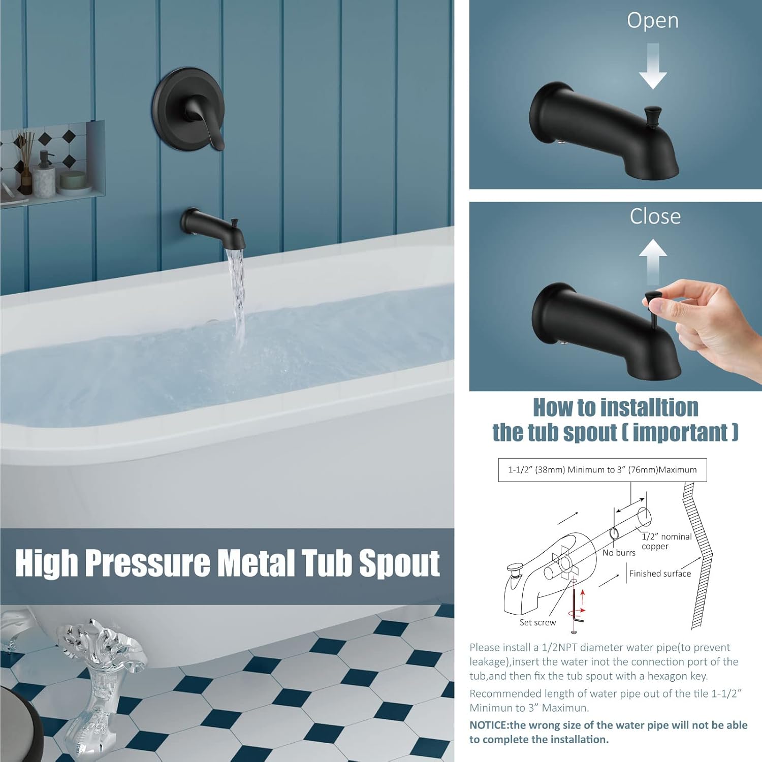 Aolemi Shower Faucet Set with Tub Spout Rain Shower Head System Shower Trim Kit Pressure Rough-in Valve Included ABS 8 Setting Dual Shower Head and Handheld Spray Matte Black - Image 8