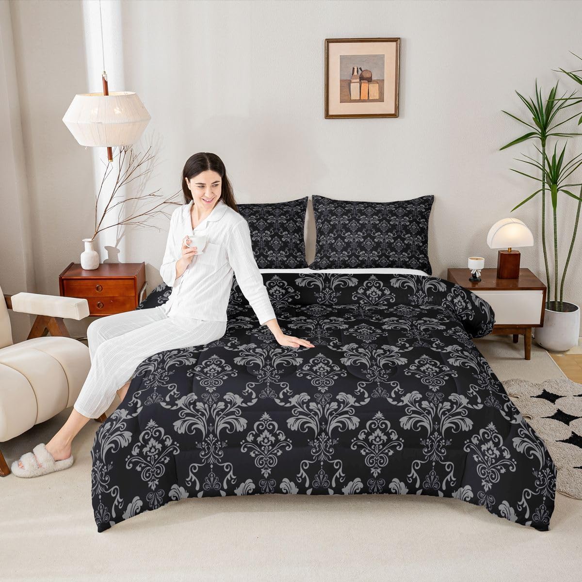Feelyou Black Damask Bedding Set Soft for Boys Girls, Classic Gothic-Inspired Pattern Comforter Set Queen Black & Gray Baroque Design Duvet Quilt Elegant Floral Room Decor 3 Pcs with 2 Pillow Cases