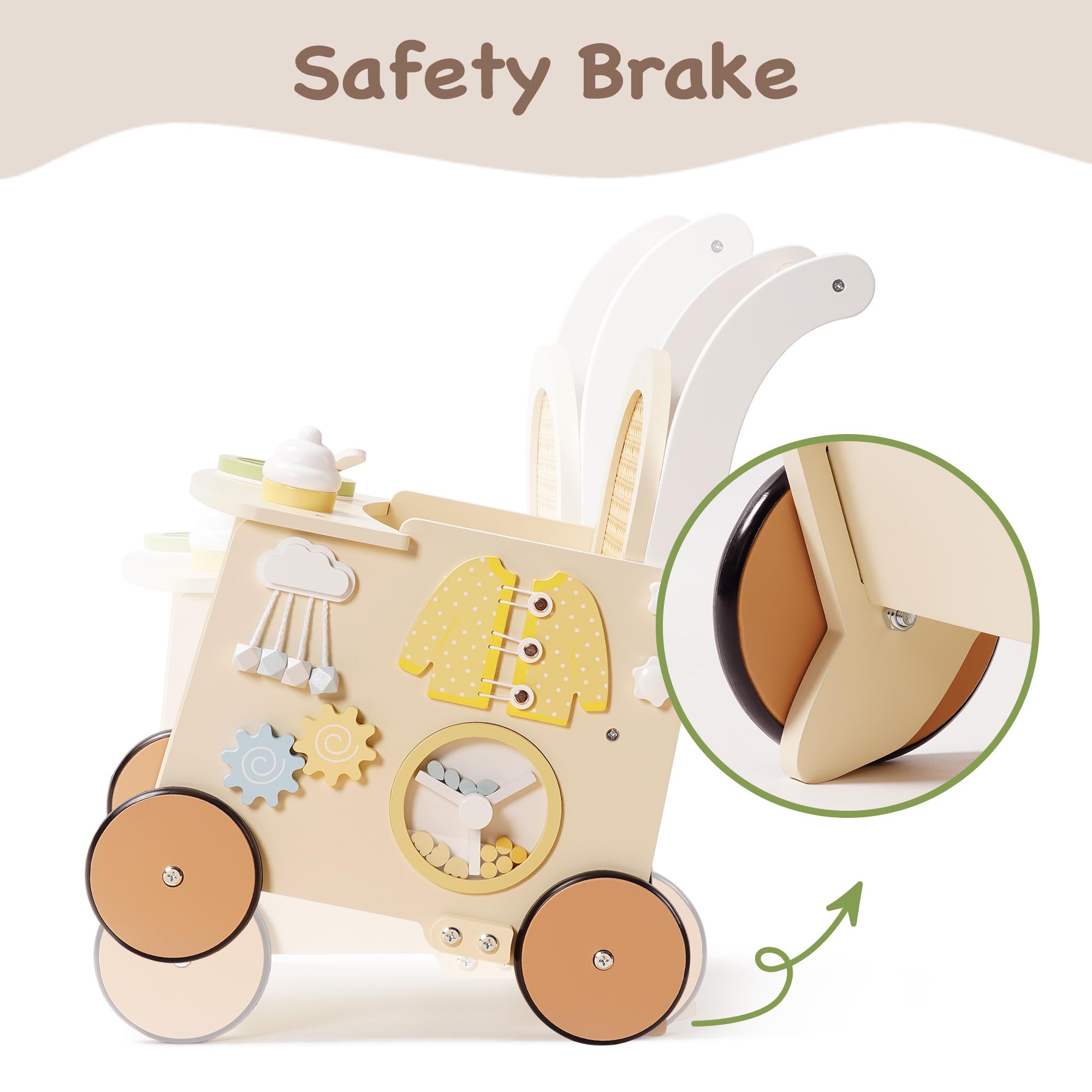 ROBUD Marchette en bois pour enfants de 1 à 2 ans, poussette 2 en 1 avec centre d'activités pour les tout-petits, marcheur à pousser avec frein de sécurité, jouets éducatifs pour garçons et filles de