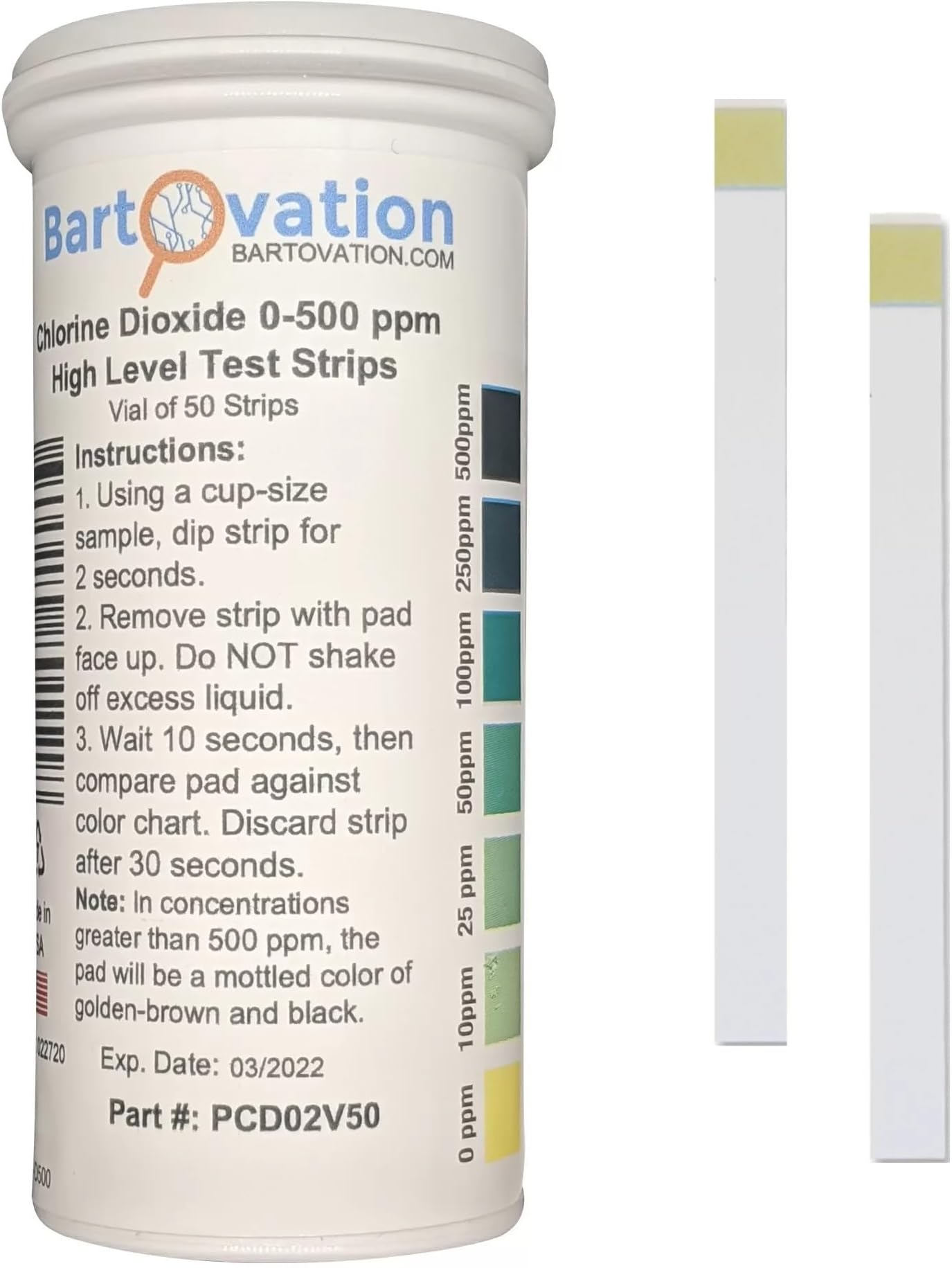 Chlorine Dioxide Single Factor Test Strips, 0-500 ppm [Vial of 50 Strips]