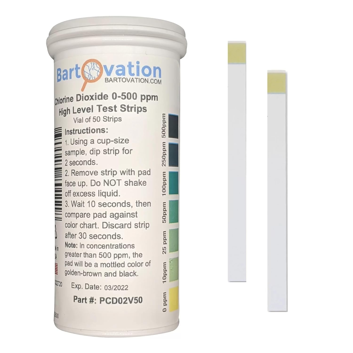Chlorine Dioxide Single Factor Test Strips, 0-500 ppm [Vial of 50 Strips]