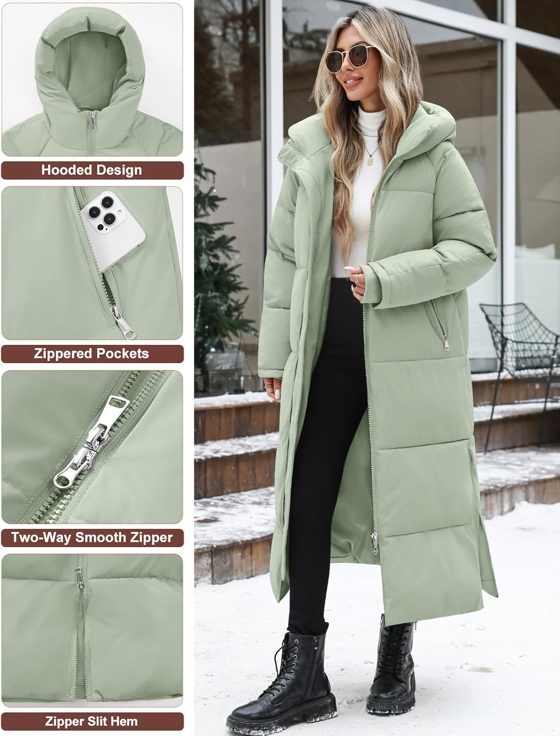 HEEKPEK Women Long Winter Coat Thickened Quilted Puffer Coats Hooded Full Length Padded Trendy Warm Outerwear with Hem Slit - Image 4