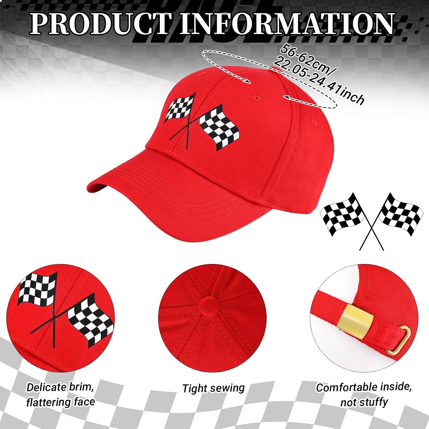 Baseball Cap and Sunglasses Checkered Flags Racing Hat for Men Women Halloween Race Car Driver Costume