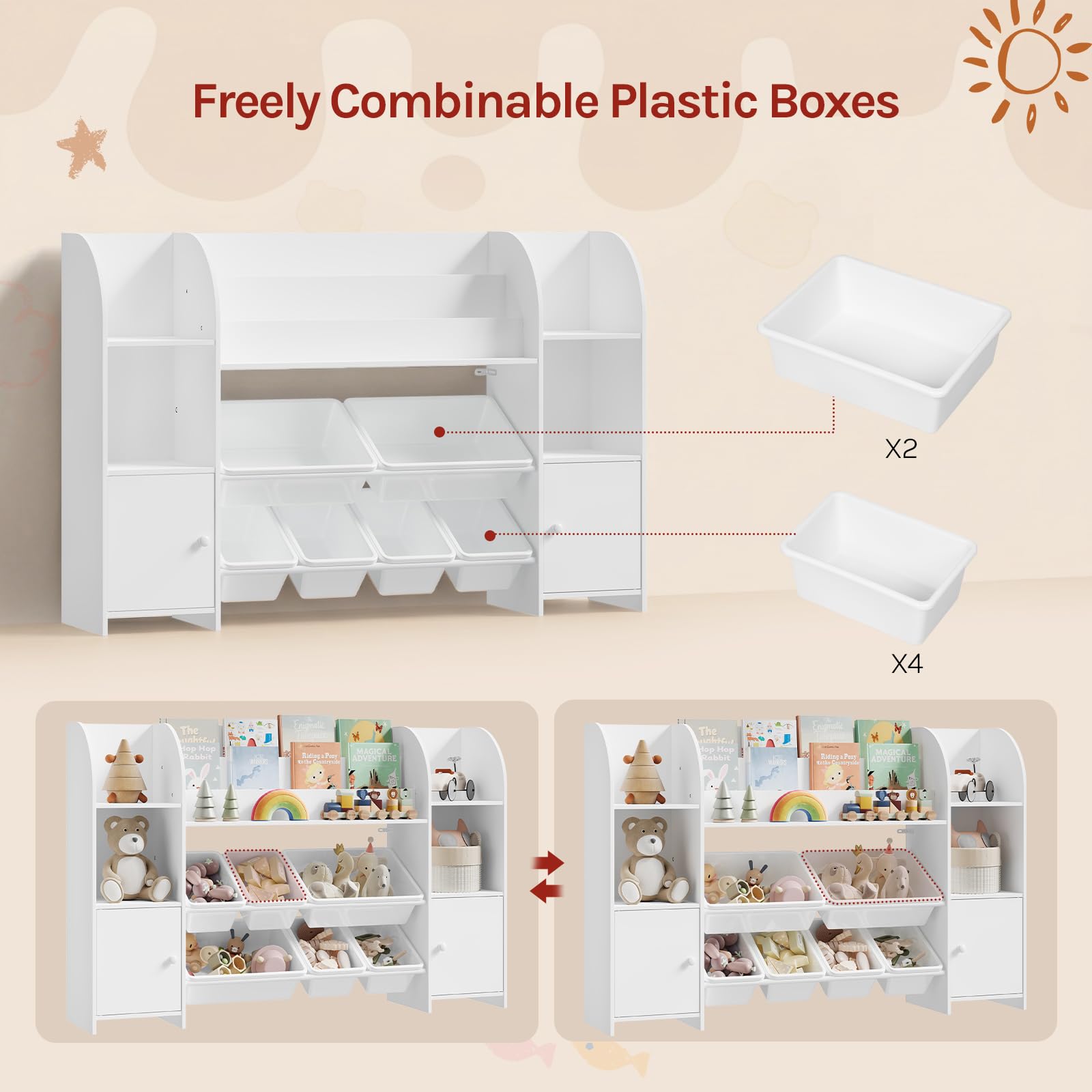 WOLTU Kinderregal Bücherregal Kinder Holz 6 Plastikschubladen Weiß | 6 Schubladen; 4 Fächer; MDF; Kinderzimmer; Wohnzimmer; Arbeitszimmer; 140x90x30 cm; Regal