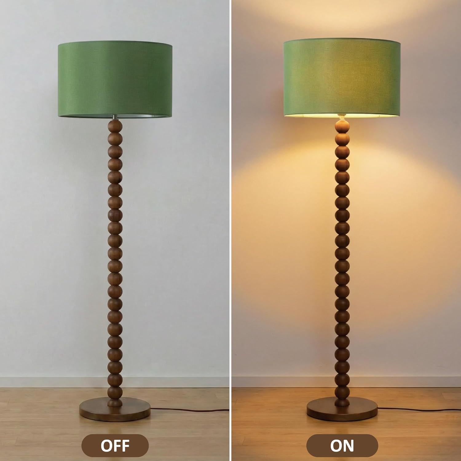 Buruis 61" Beaded Wood Floor Lamp with 17.2" Large Linen Shade, UL Listed, Retro Mid-Century Accent Walnut Finish Standing Lamp for Living Room, Bedroom, Office, Corner, Green