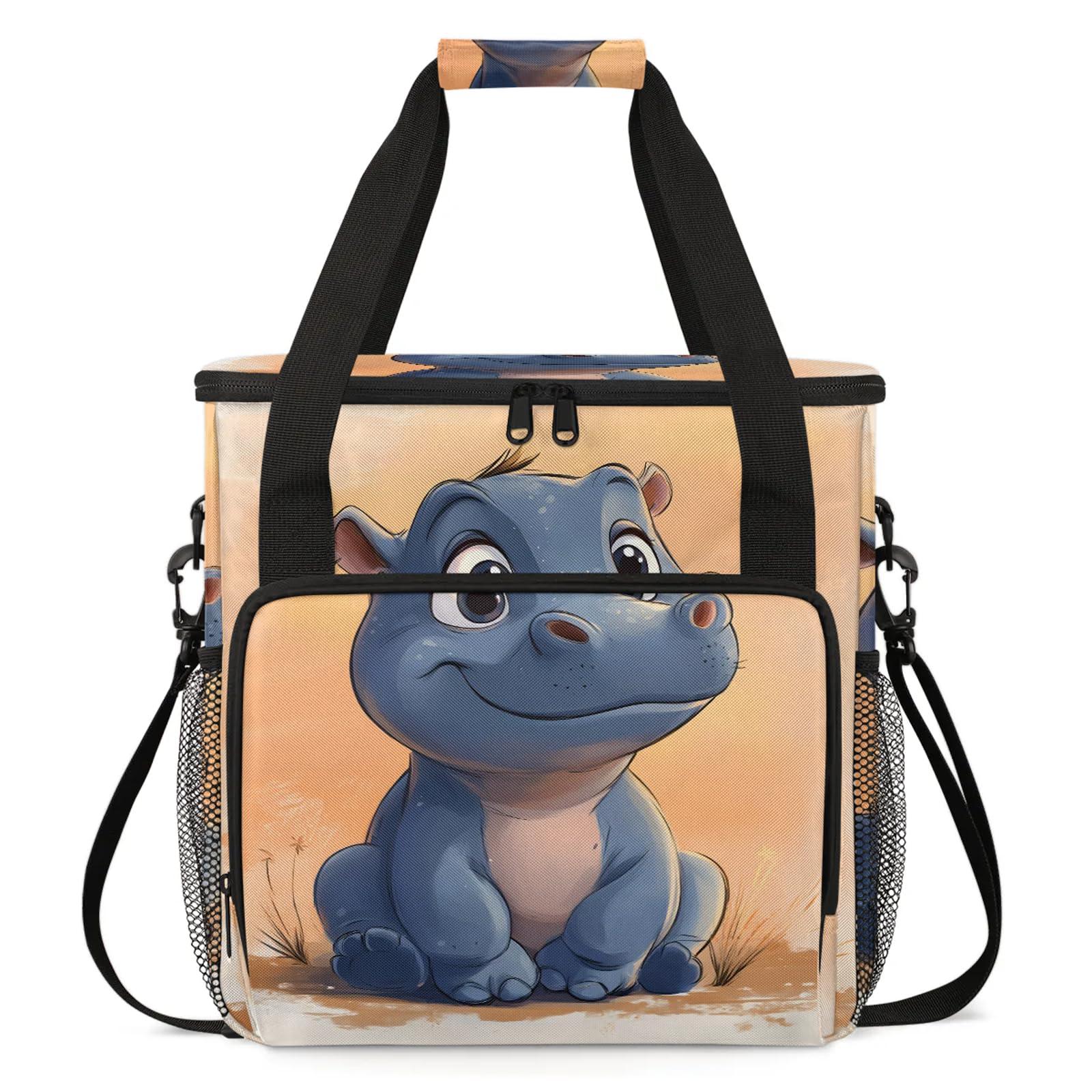 Adornori Cute Hippo Coffee Maker Travel Bag, Animal Theme Insulated Grocery Bag Travel Picnic Leakproof Cooler Bags With Shoulder Strap