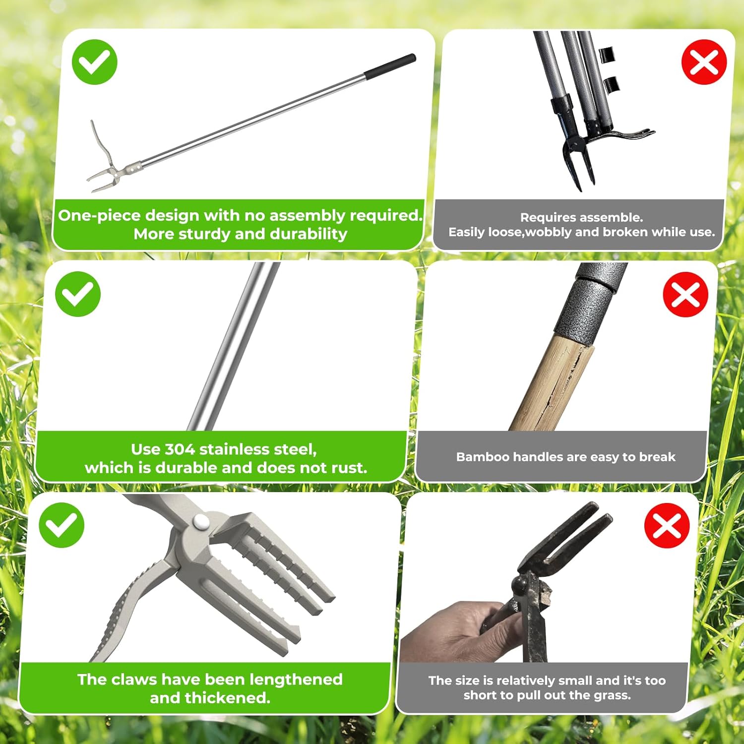 Manual Weed Puller Tool, 47" One-Piece No Assembly Stainless Steel Weeder with Long Handle, Stand Up Heavy Duty Hand Weeding Tool for Garden Lawn Patio Yard Dandelion Root Removal