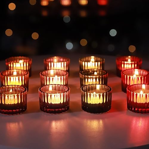 Miniatura 17 de VOHO Portavelas rojos para centro de mesa, juego de 12 portavelas para velas pequeñas, candelabros votivos de vidrio para ella, San Valentín