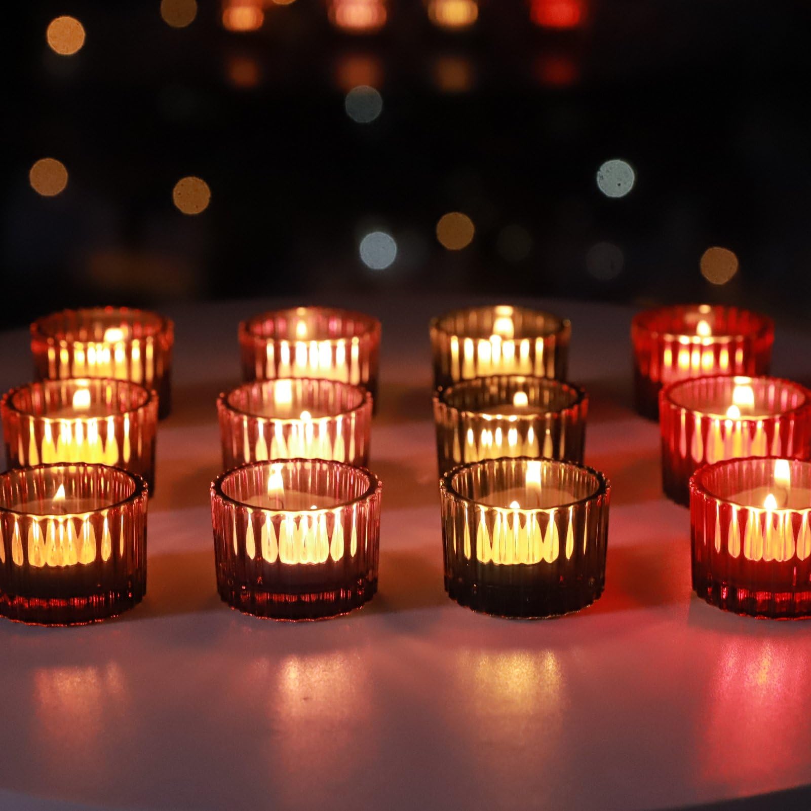 VOHO Lot de 12 photophores en verre côtelé pour décoration d'automne, 4 couleurs, pour centre de table, pour Halloween, Thanksgiving, Noël, cadeaux