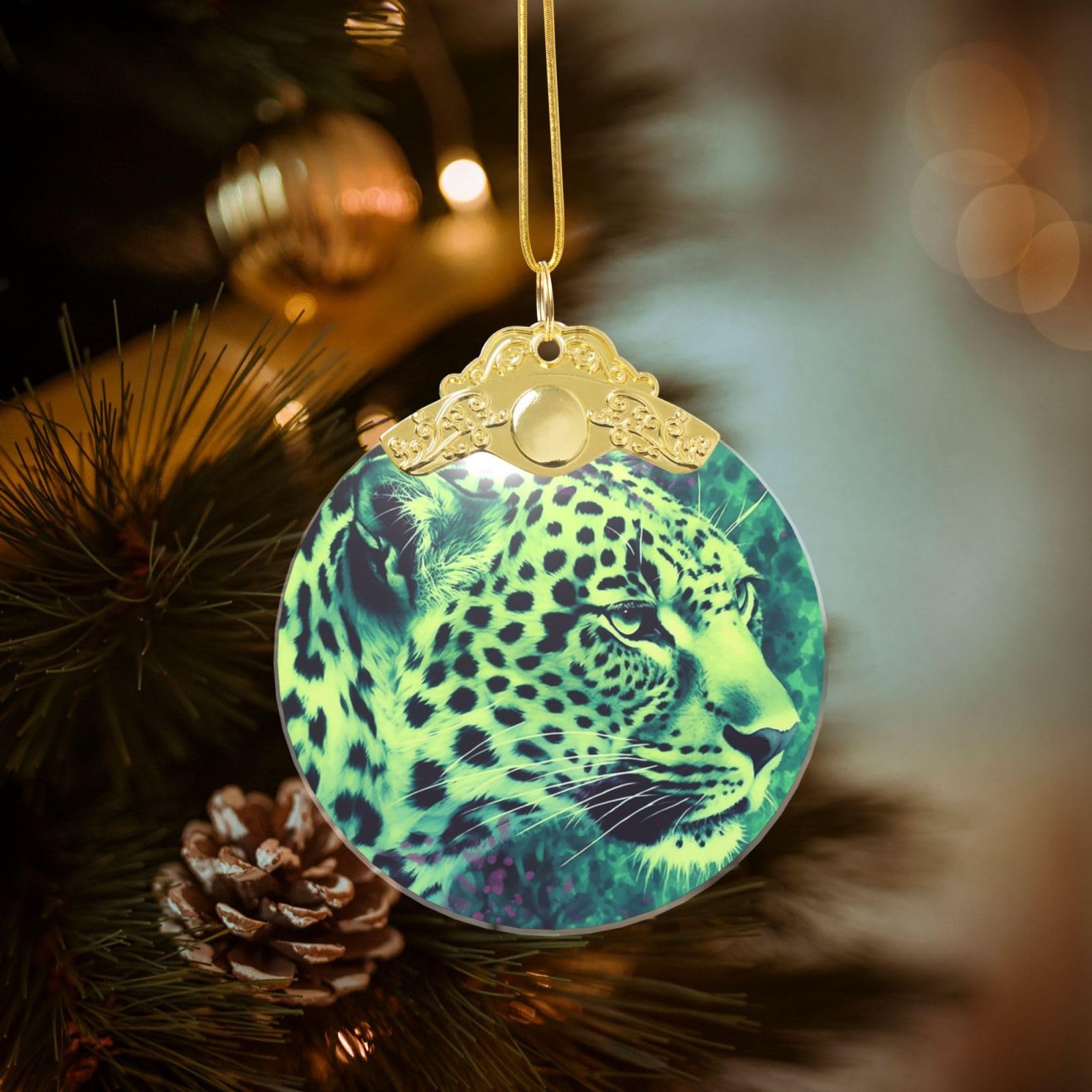 Crystal Christmas Ornaments for Christmas Tree Decoration Hanging Green Leopard Ornament with Gold Ribbon Crafts Round Pendant for Keepsake Gifts Glass Xmas Decor Party Supplies