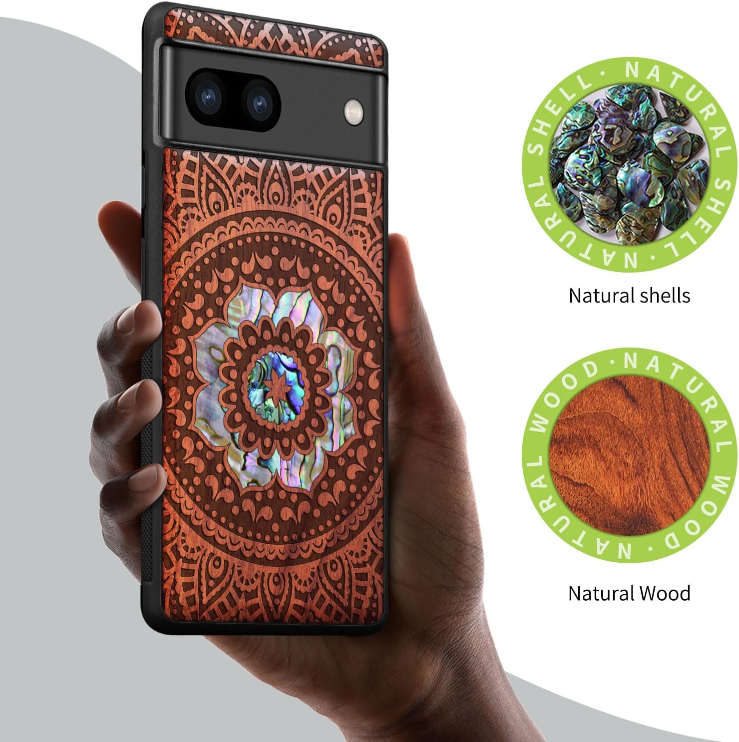 Carveit Designer Wooden Case for Google Pixel 8 Case Protective Cover [Wood Engraving & Shell Inlay] Compatible with Wireless Chargers Pixel 8 (Mandala Pattern-Rosy)