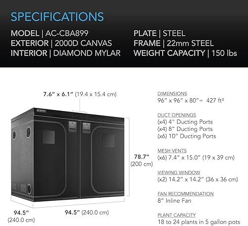 Miniatura 6 de AC Infinity CLOUDLAB 899 Advance - Tienda de campaña de cultivo de 96 x 96 x 80 pulgadas, postes más gruesos de 1 pulgada, lienzo de Mylar de
