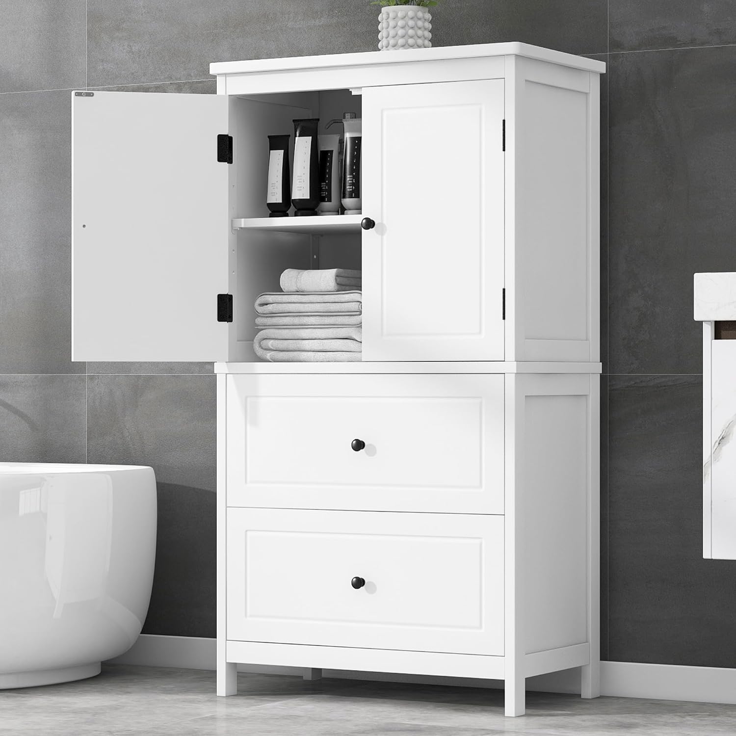 Merax Storage Cabinet with Doors and Two Drawers, Bathroom Floor Unit Freestanding Organizer Display for Home Kitchen, Adjustable Shelves, White