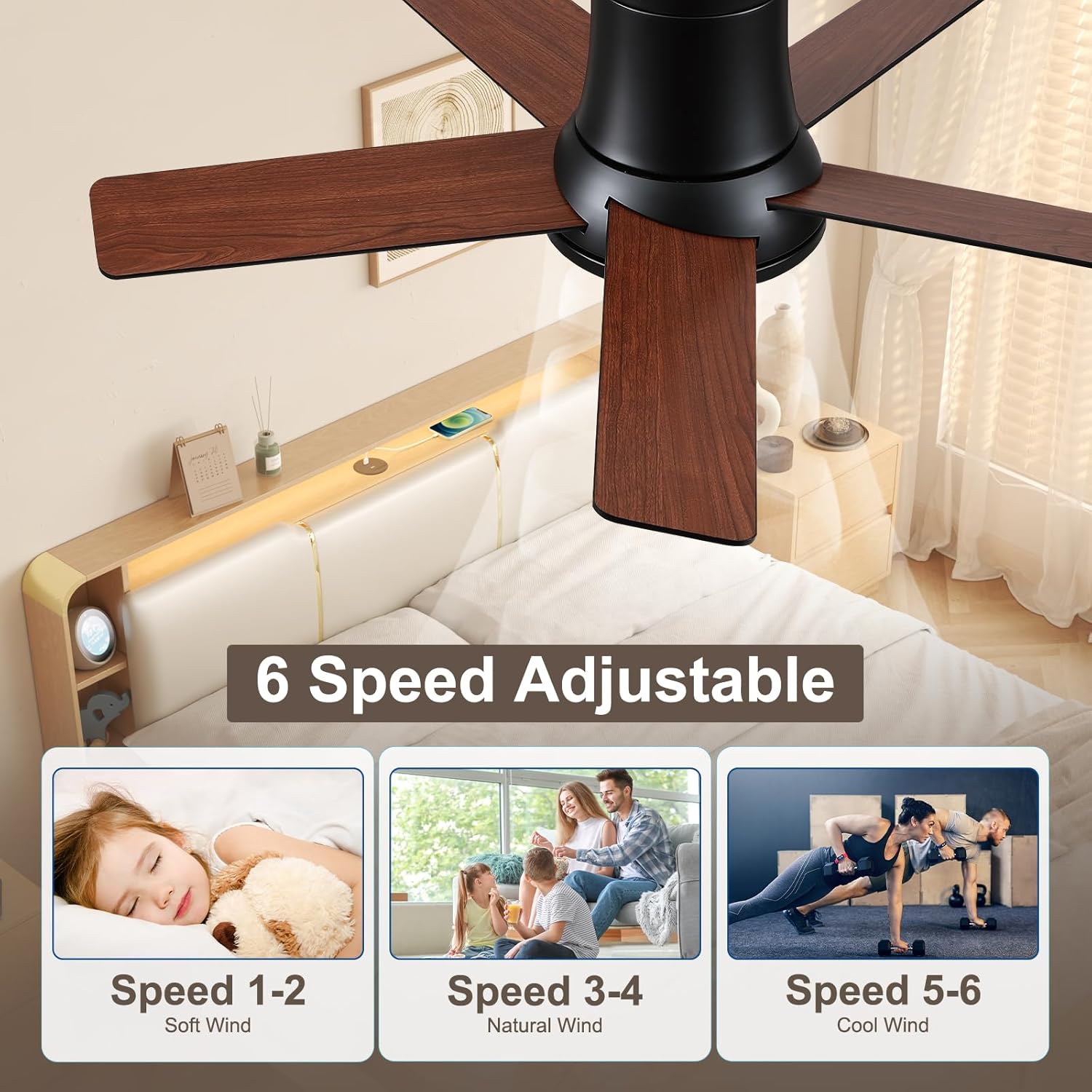 42 Inch Ceiling Fans with Lights and Remote, Flush Mount Black Ceiling Fan for Bedroom Living Room Indoor/Outdoor, Quiet 6 Speed Reversible DC Motor, 3CCT, Dual Color 5 Blades, ETL Listed - Image 3