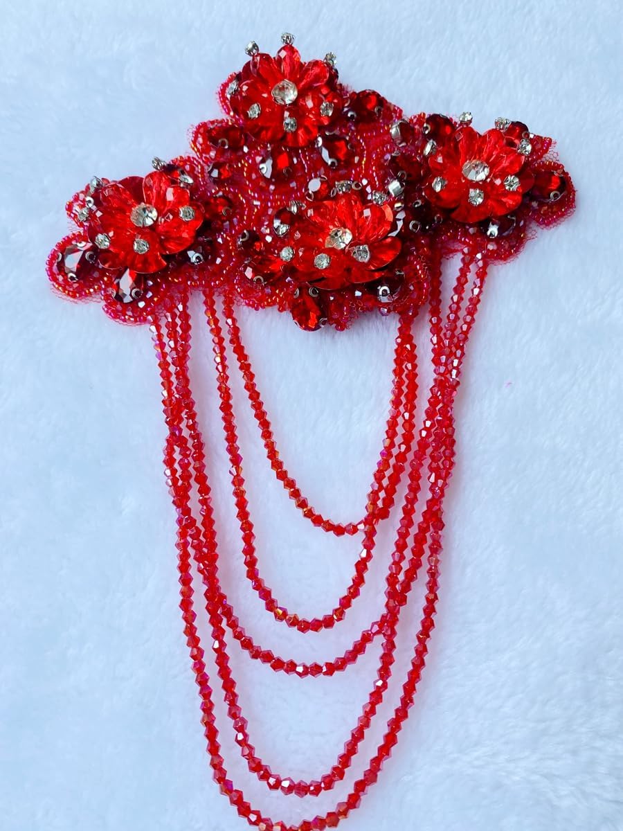 Handmade 3D Three-Dimensional Flower Rhinestones Applique Sewing Crystal Fringe Beads Sequins Patches Accessory for Wedding Dresses DIY Decorative 6X10inches 2PCS/Bag (Red)