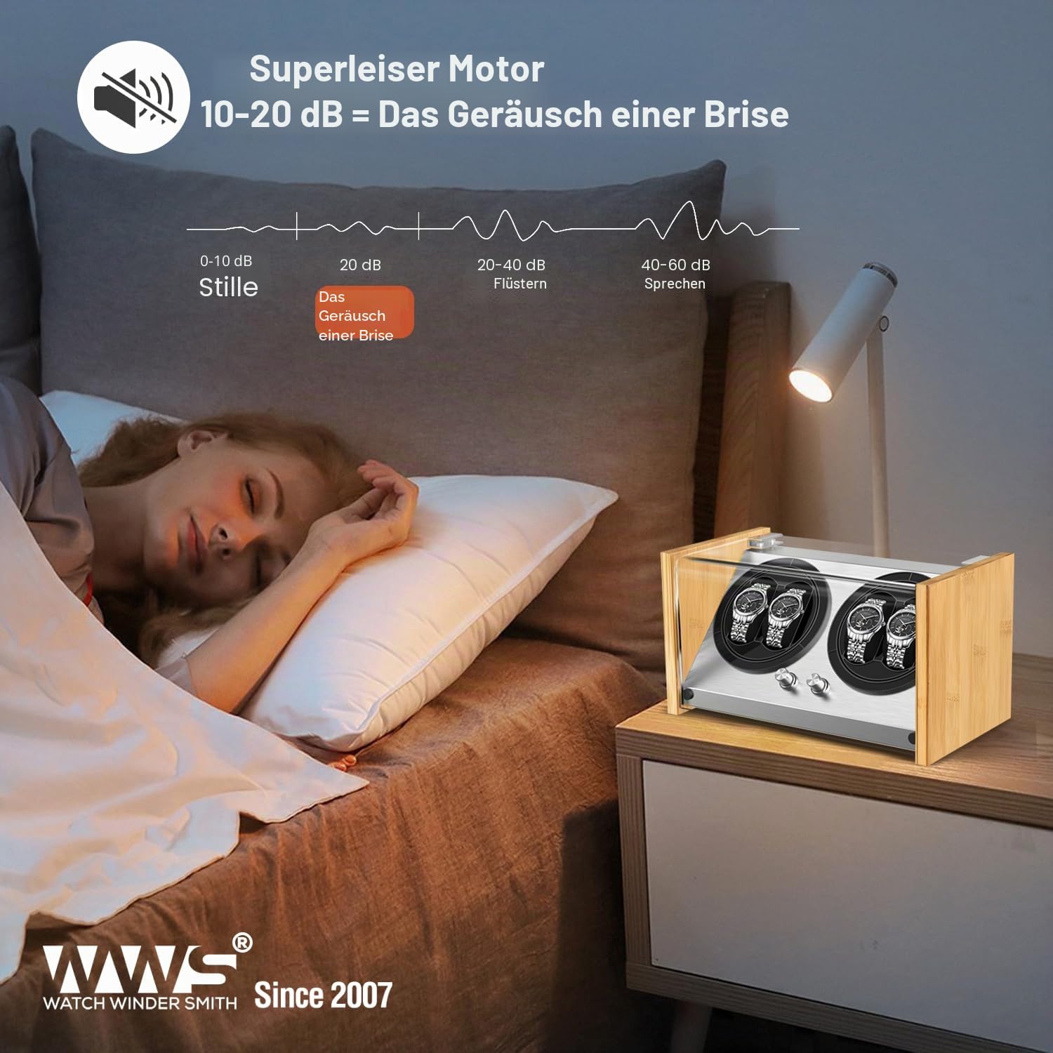 Watch Winder Smith Uhrenbeweger Box 4 für Automatikuhren, kompatibel, Handwerkskunst aus 100% Bambusholz, patentiertes Gehäuse, AC oder batteriebetrieben, super leiser japanischer Motor