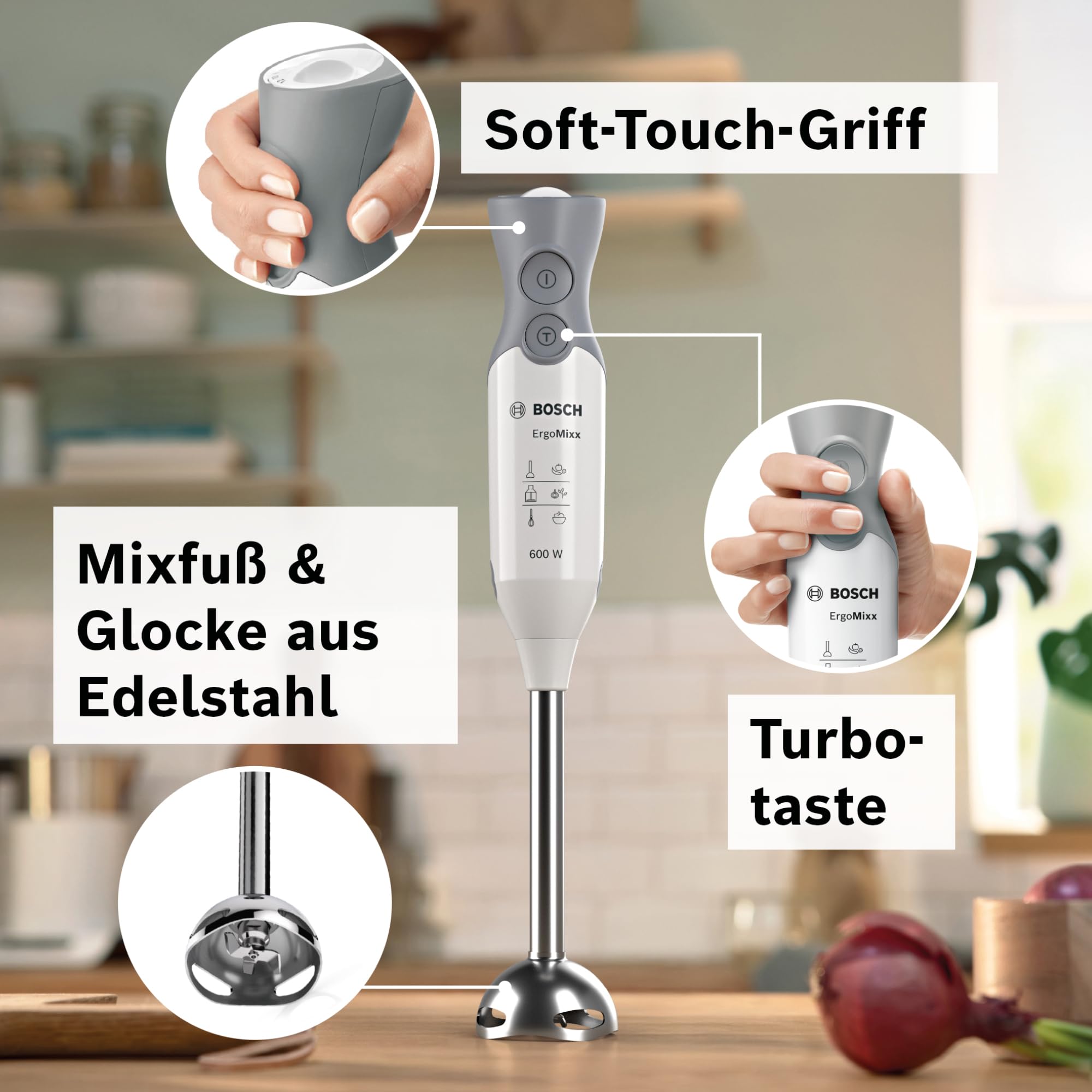Bosch Stabmixer ErgoMixx 600 W Edelstahl-Mixfuß 12 Stufen plus Turbo weiß/grau MSM66120