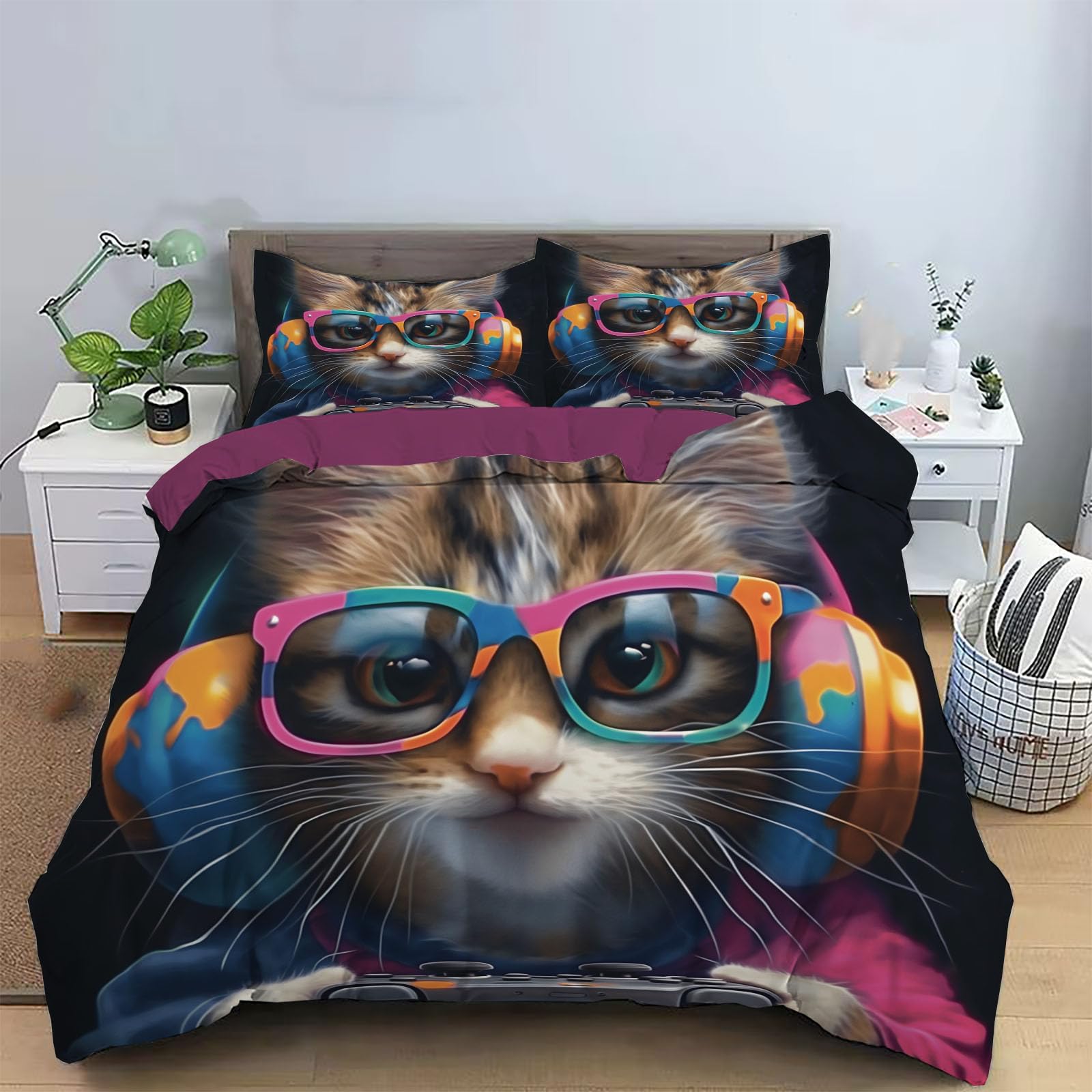 Housse de couette chat 220x240 anti-plis avec fermeture éclair pour lit 2 places