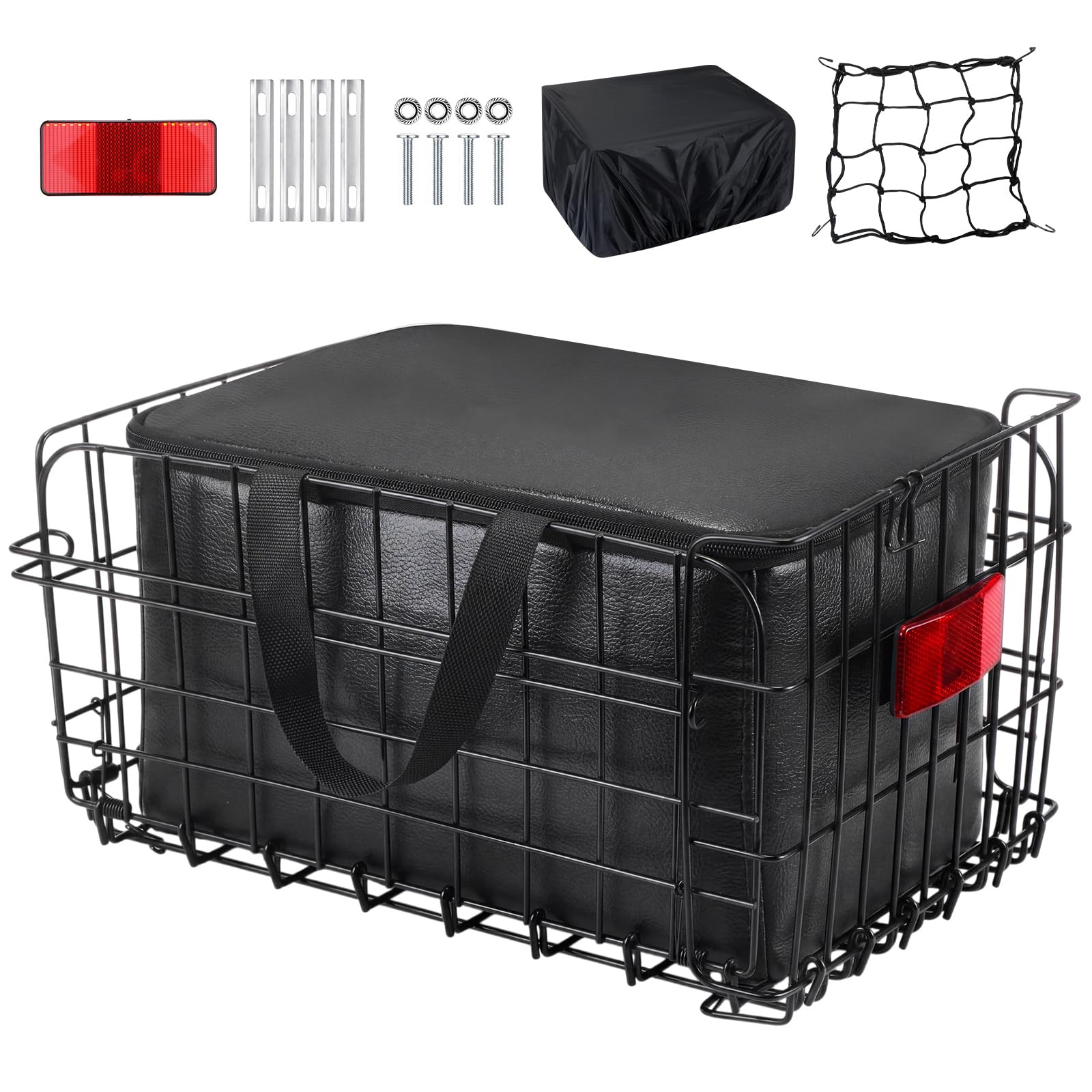 BBTO Bike Basket Rear, Folding Bicycle Basket with Removable Waterproof Liner Bag, Cargo Net & Reflective Cover, Metal Rear Bike Cargo Rack for Adult, Quick Release Design Fits Most Back Mounted Bikes