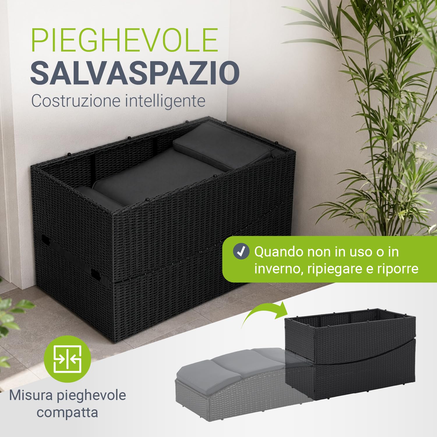 Juskys sdraio pieghevole Lamia – Da giardino, balcone, esterno – Polyrattan con cuscino e poggiatesta regolabile – Caricabile fino a 160 kg – Nero