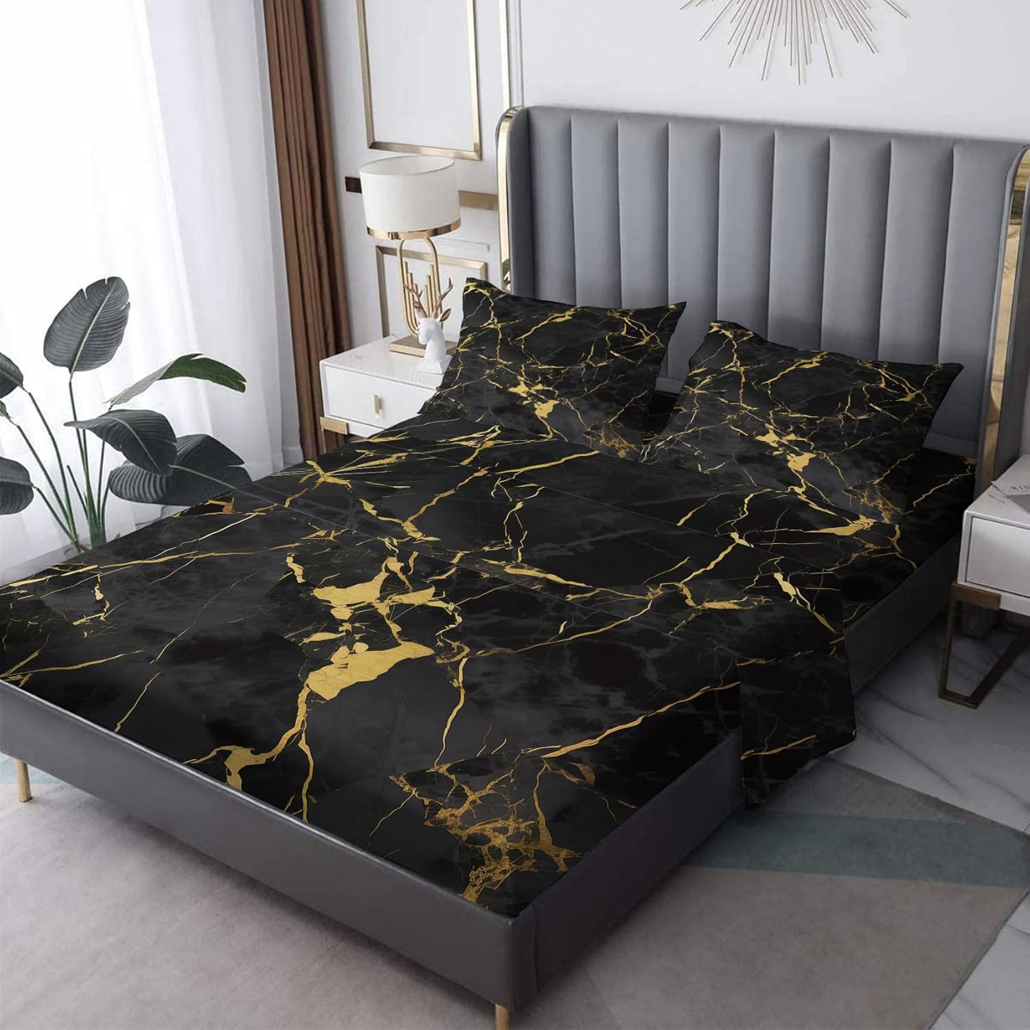 Black and Gold Marble Sheets King Size - Abstract Bed Sheets - Deep Pocket Fitted Sheets & Flat Sheets & Pillowcases 4 Piece Set - Modern Bedding & Decor - Soft Cosy Microfibe