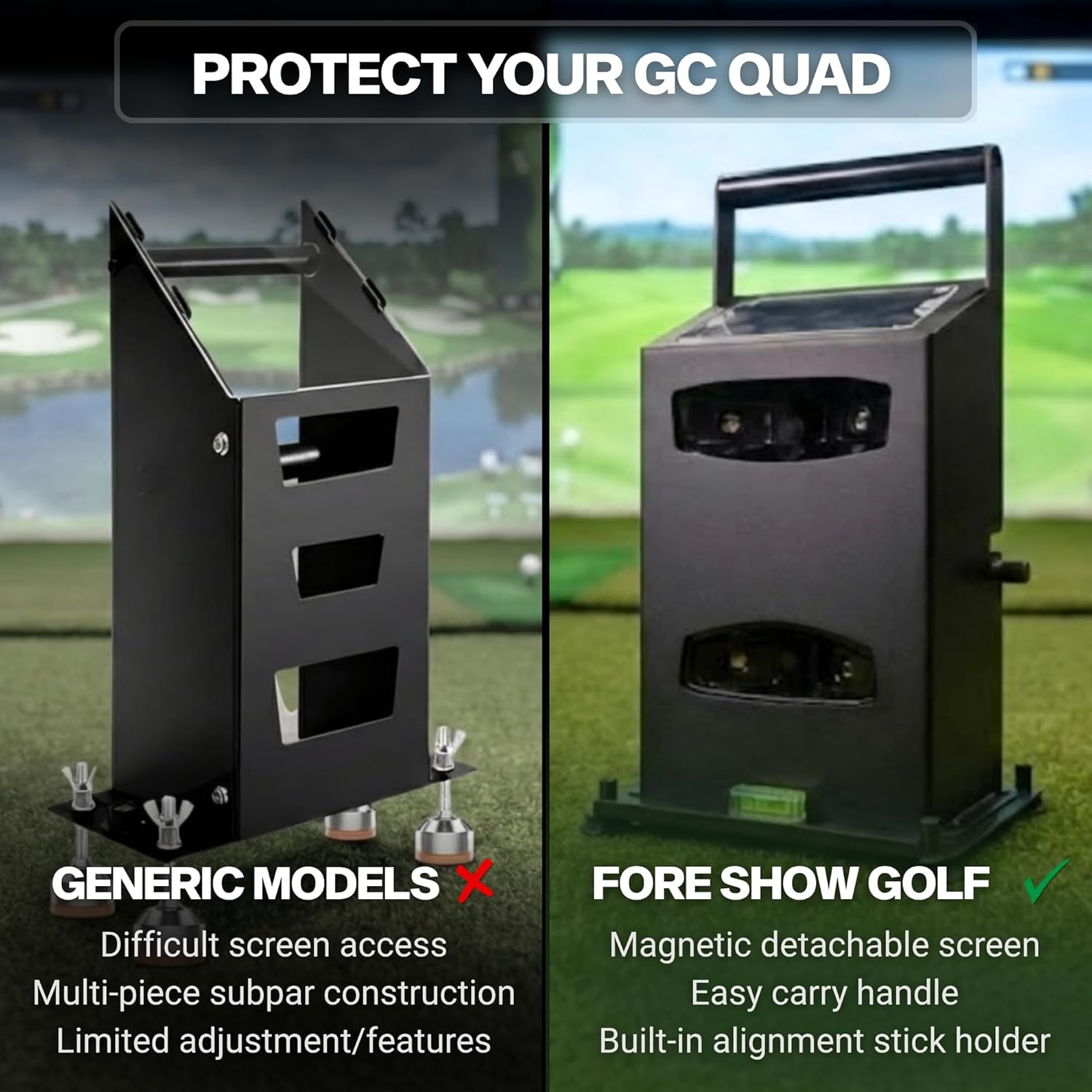 Protective Metal Case Foresight GCQuad & QuadMax Launch Monitor with Handle - Level - Adjustable Legs - Locking Bar - Premium Golf Shank Tank