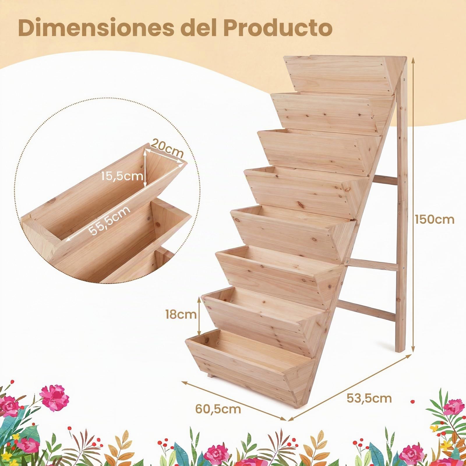 COSTWAY Huerto Urbano Vertical de 5 Niveles, Jardinera Exterior de Madera, Forma de Escalera para Iluminación Suficiente, Meceteros para Flores y Verduras, Terraza, Jardín (101x60,5x150 cm,Natural)