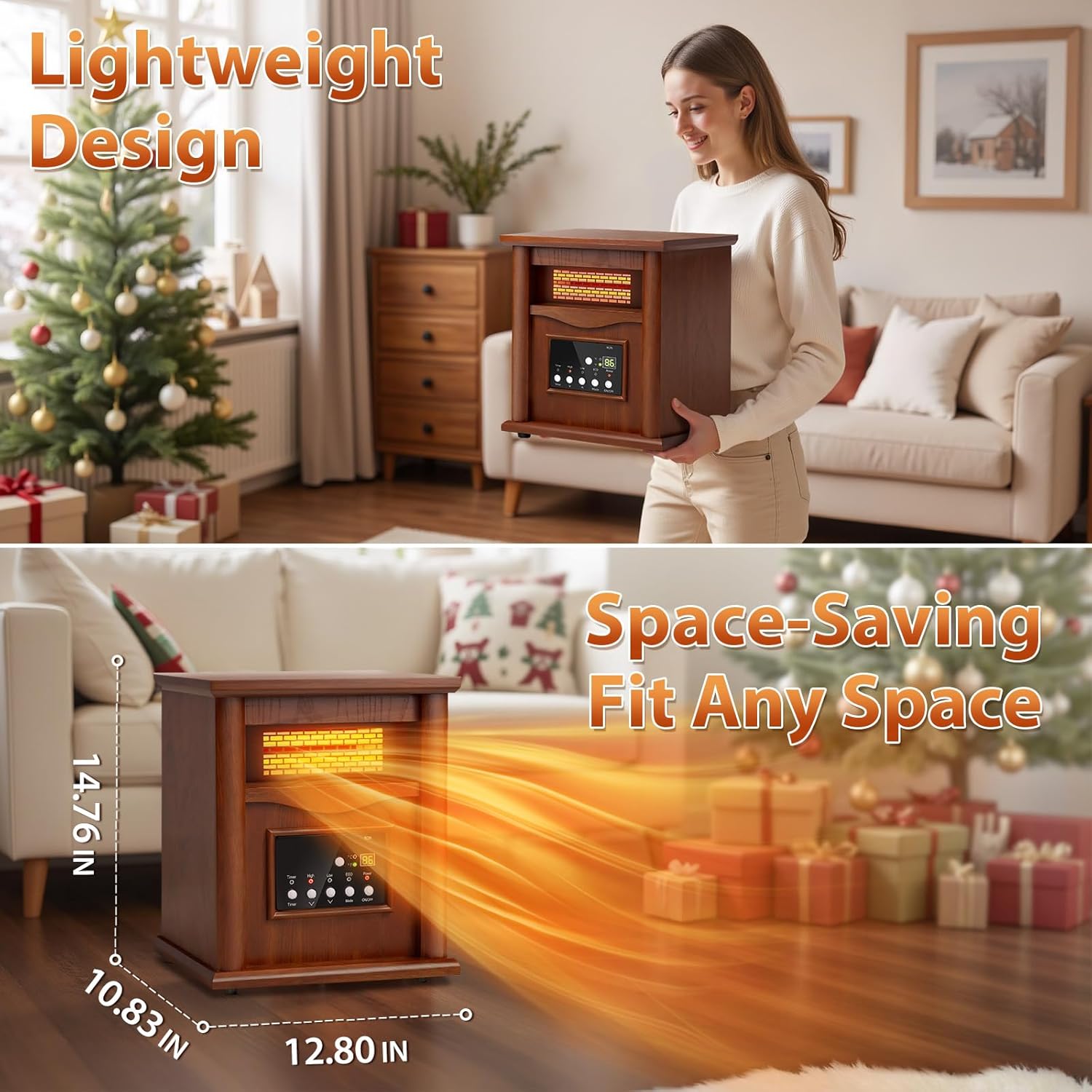 A person holding the LifePlus Infrared Heater, demonstrating its lightweight and portable design.