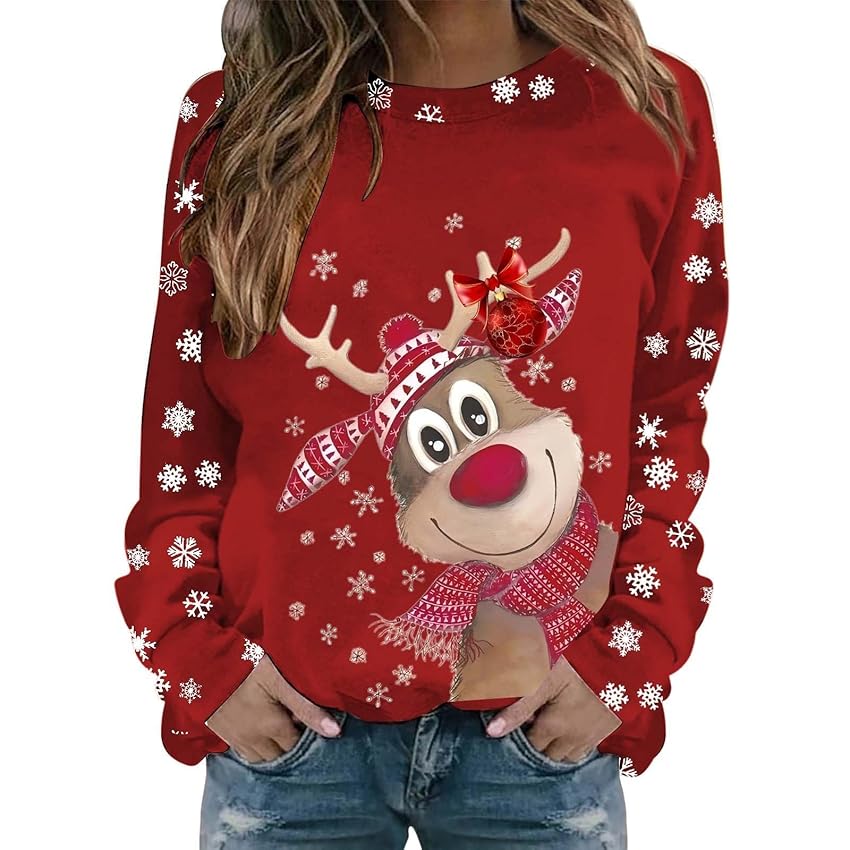 Lggwunsi Maglie Natalizie Donna - Felp Stampa Cervetta Natalizia Maglia Rossa Pullover Top Senza Cappuccio Natale Donna Sweatshirt Natalizi Manica Lunga Invernale Girocollo Felpe,Rosso,S
