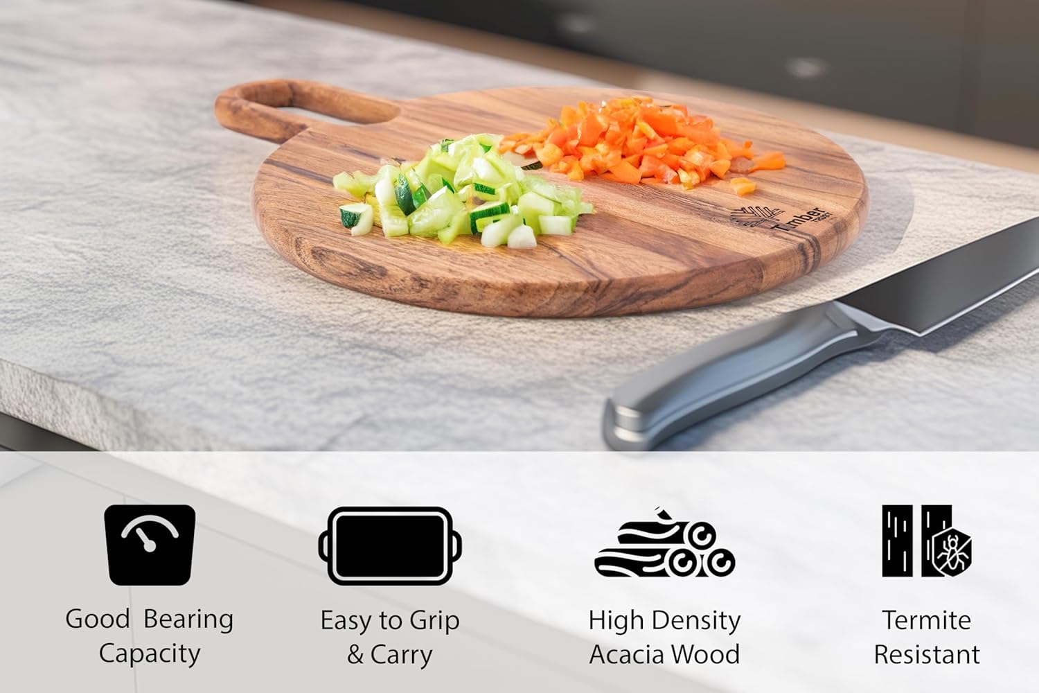 Acacia Wood Round Cutting Board with Handle – Charcuterie & Chopping Board for Pizza, Meat, Bread, Vegetables & Fruits – Kitchen Serving Tray – Durable, Non-Slip Surface – 15.5x12x0.75 Inches