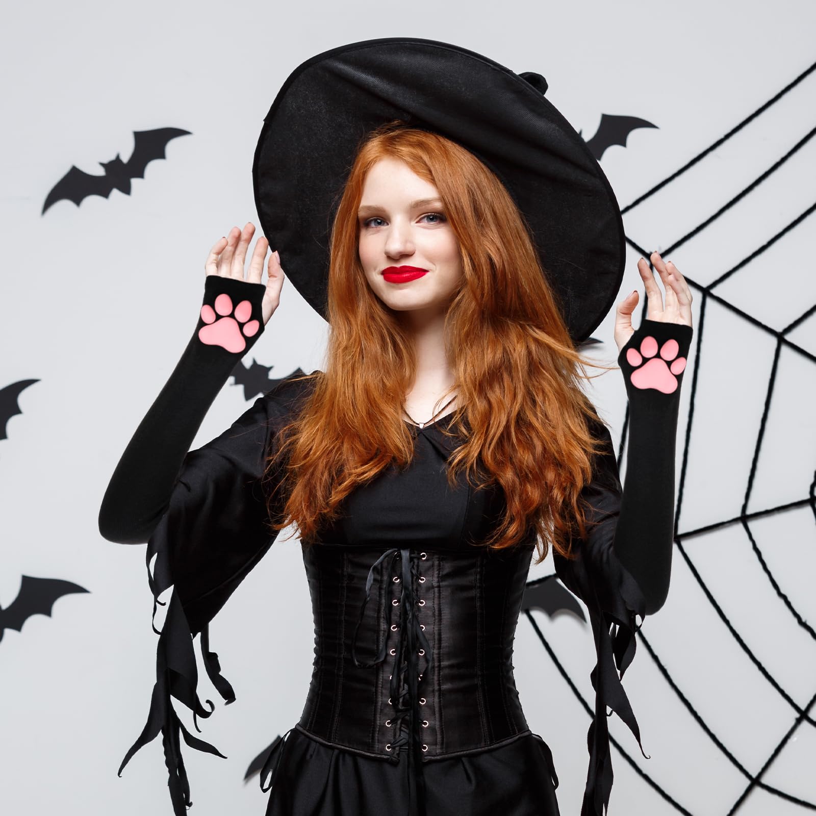 Telooco Cat Paw Gloves Long Therian Paws Fingerless Gloves for Women Cute Pink Claw Pad Arm Warmers Cat Paw Sleeves Cat Women Accessories for Halloween Cosplay Party (Black) - Image 4